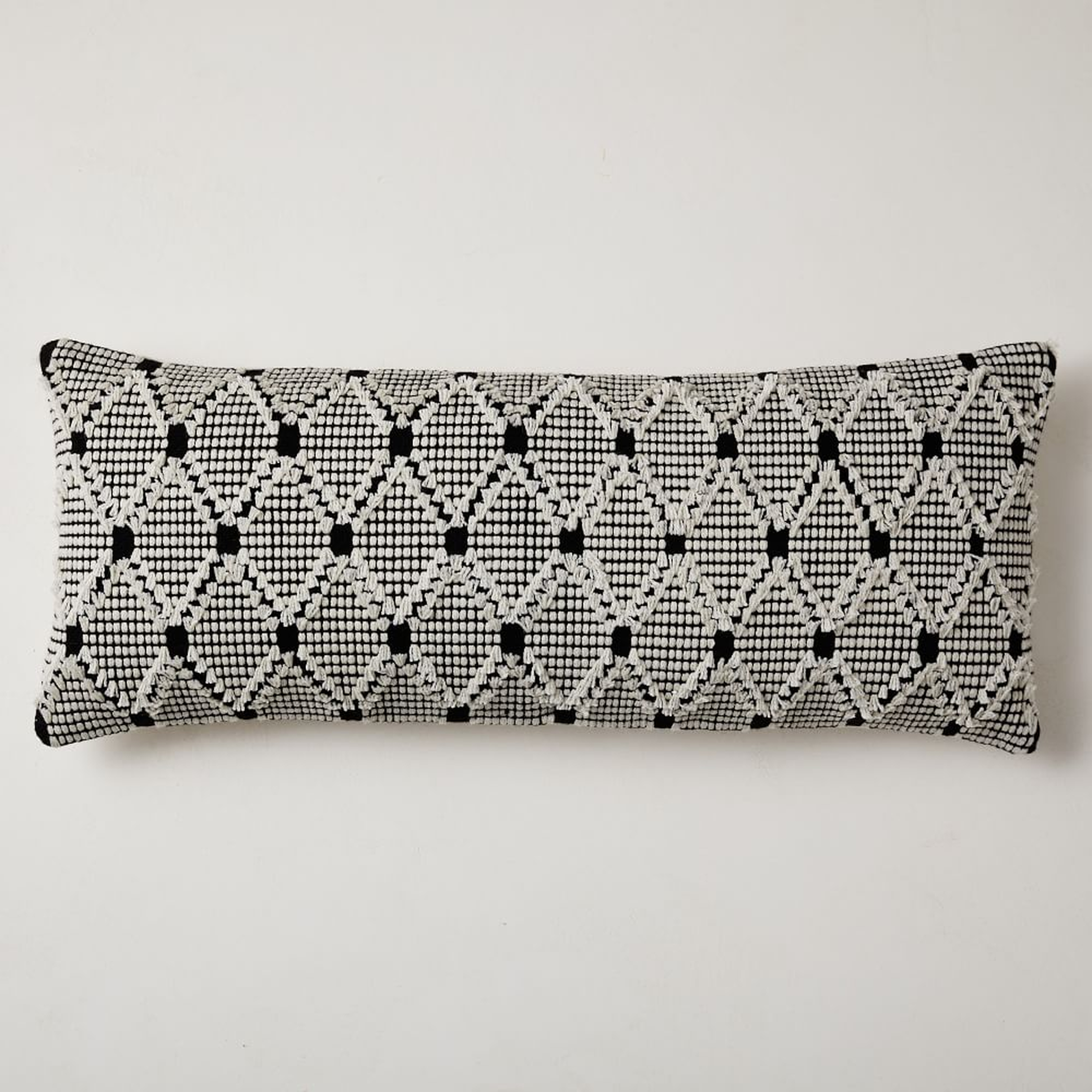 Outdoor Fringe Diamond Pillow, 14"x36", Black - West Elm