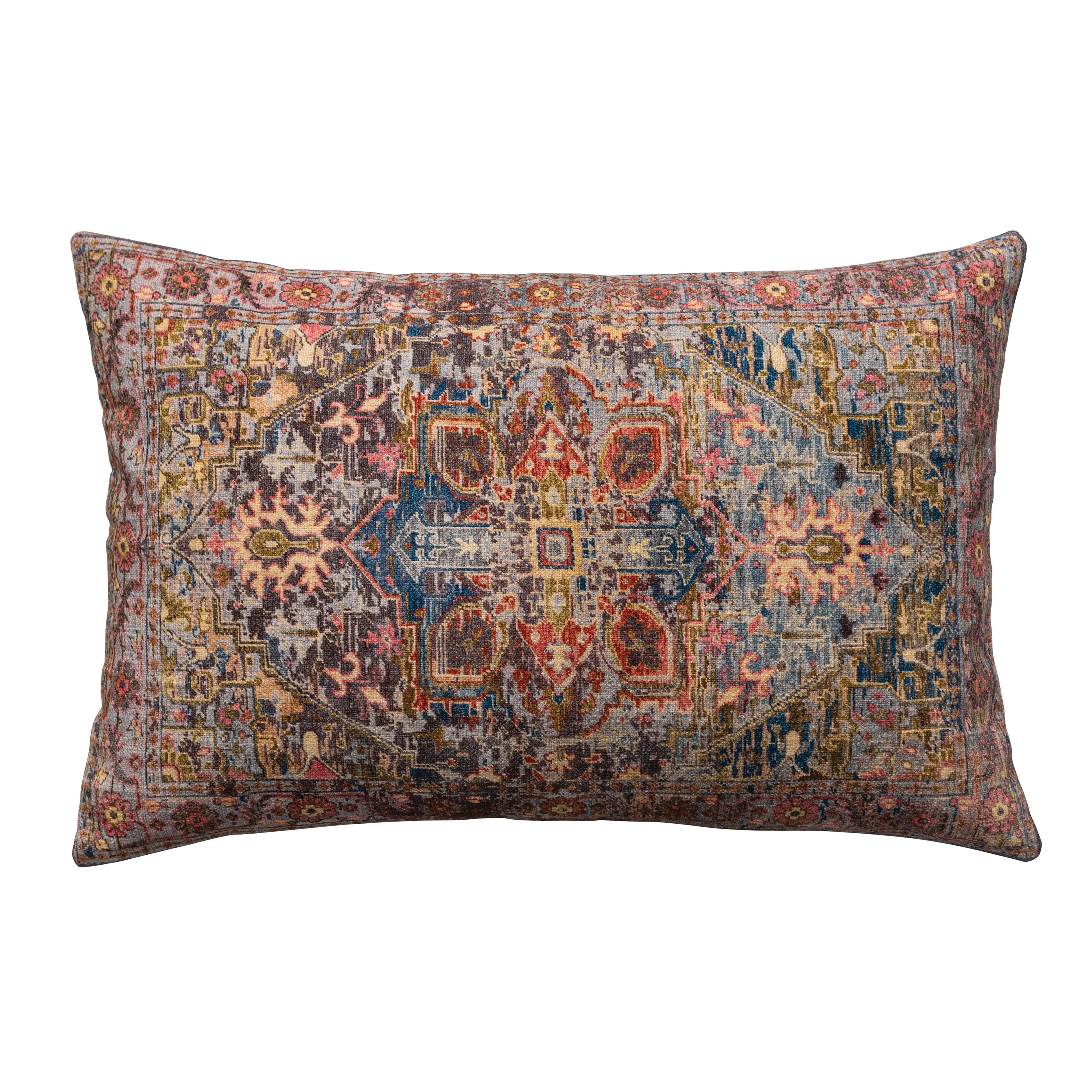 24 Inches Cotton Printed Lumbar Pillow with Pattern and Chambray Back, Multicolored - Creative Co-Op