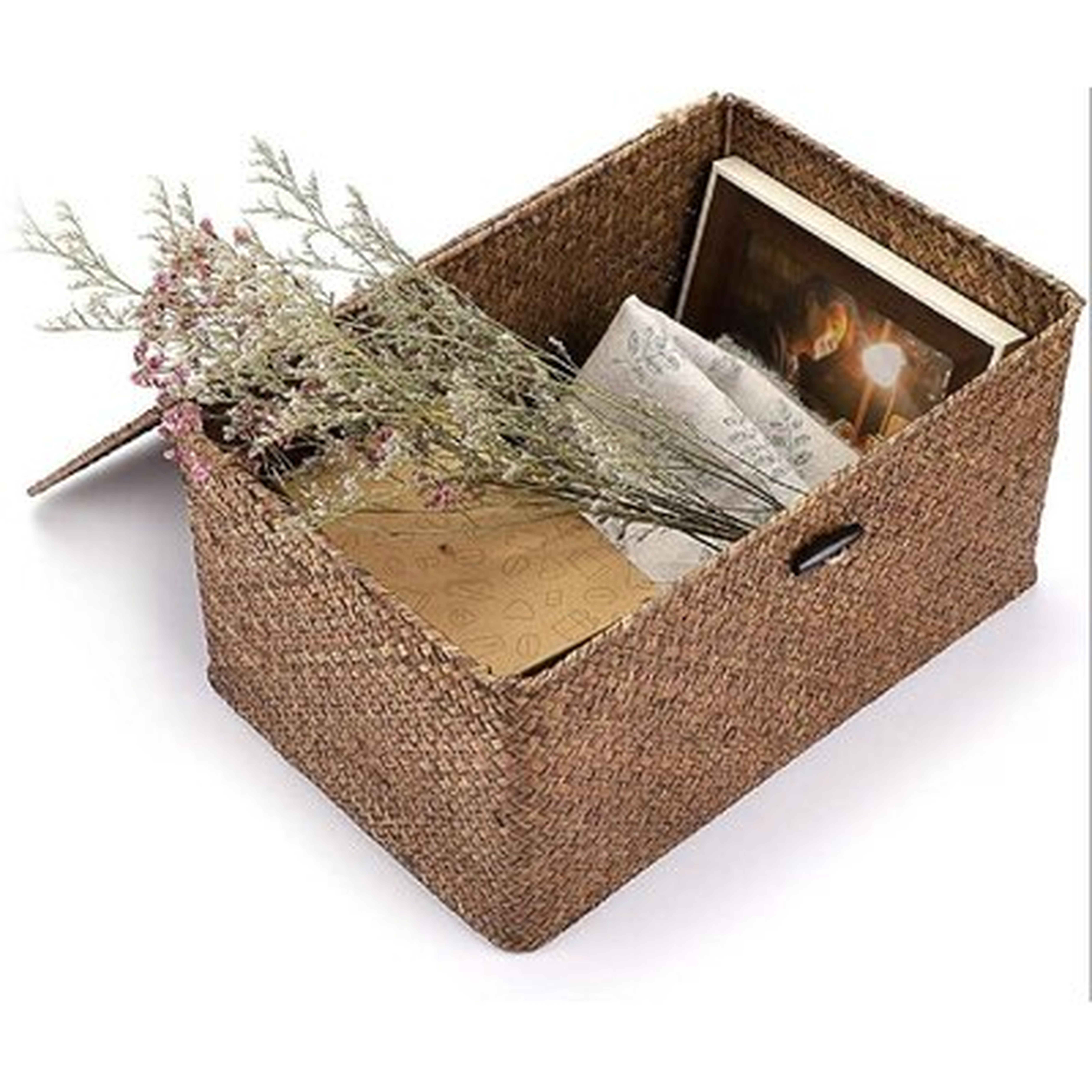 Set Of 3 Natural Seagrass Storage Baskets With Lid - Large Handwoven Wicker Storage Bins Rectangular Household Organizer Boxes Shelf Wardrobe Organizer, Natural Color - Wayfair