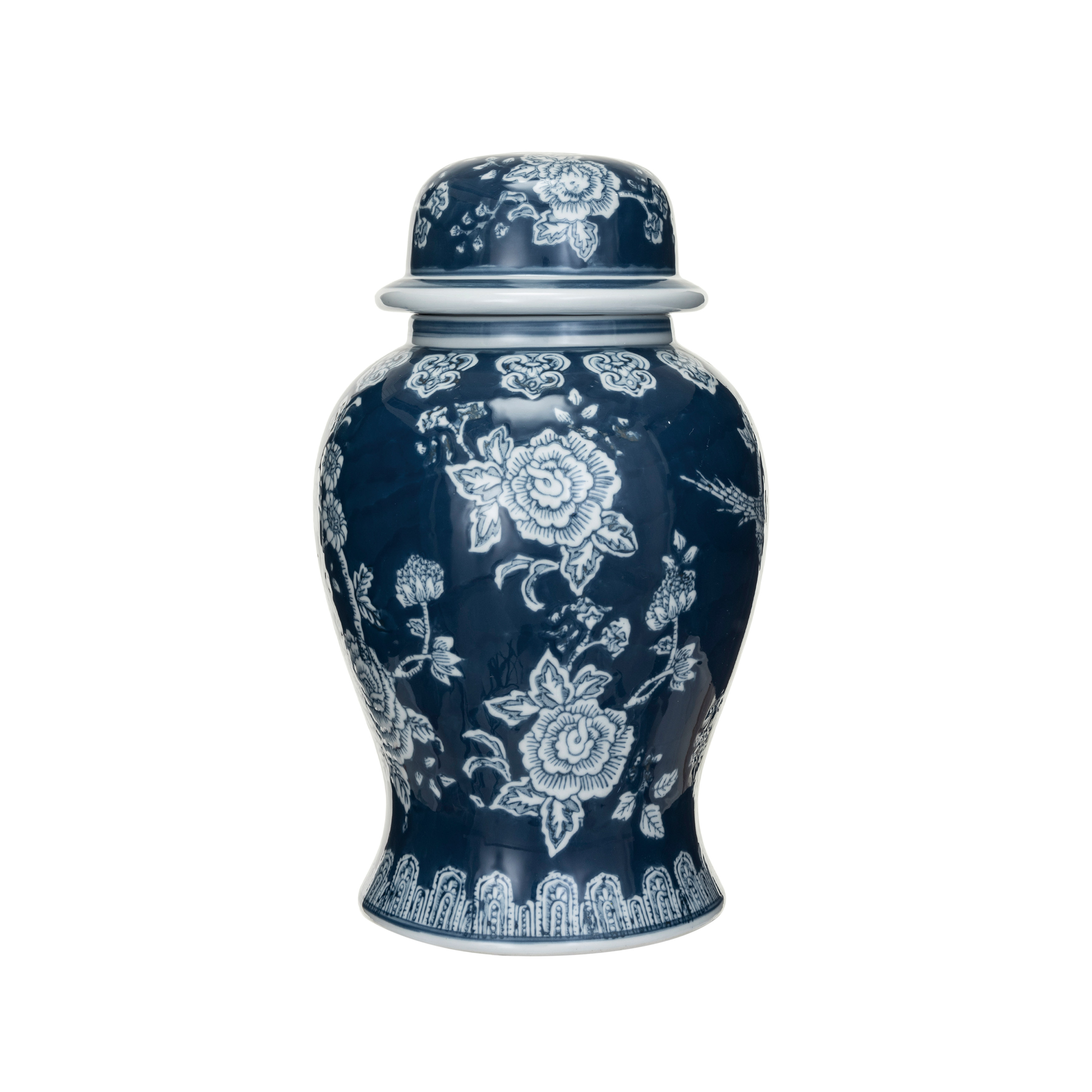Round Ceramic Ginger Jar with Lid, Blue and White - Creative Co-Op