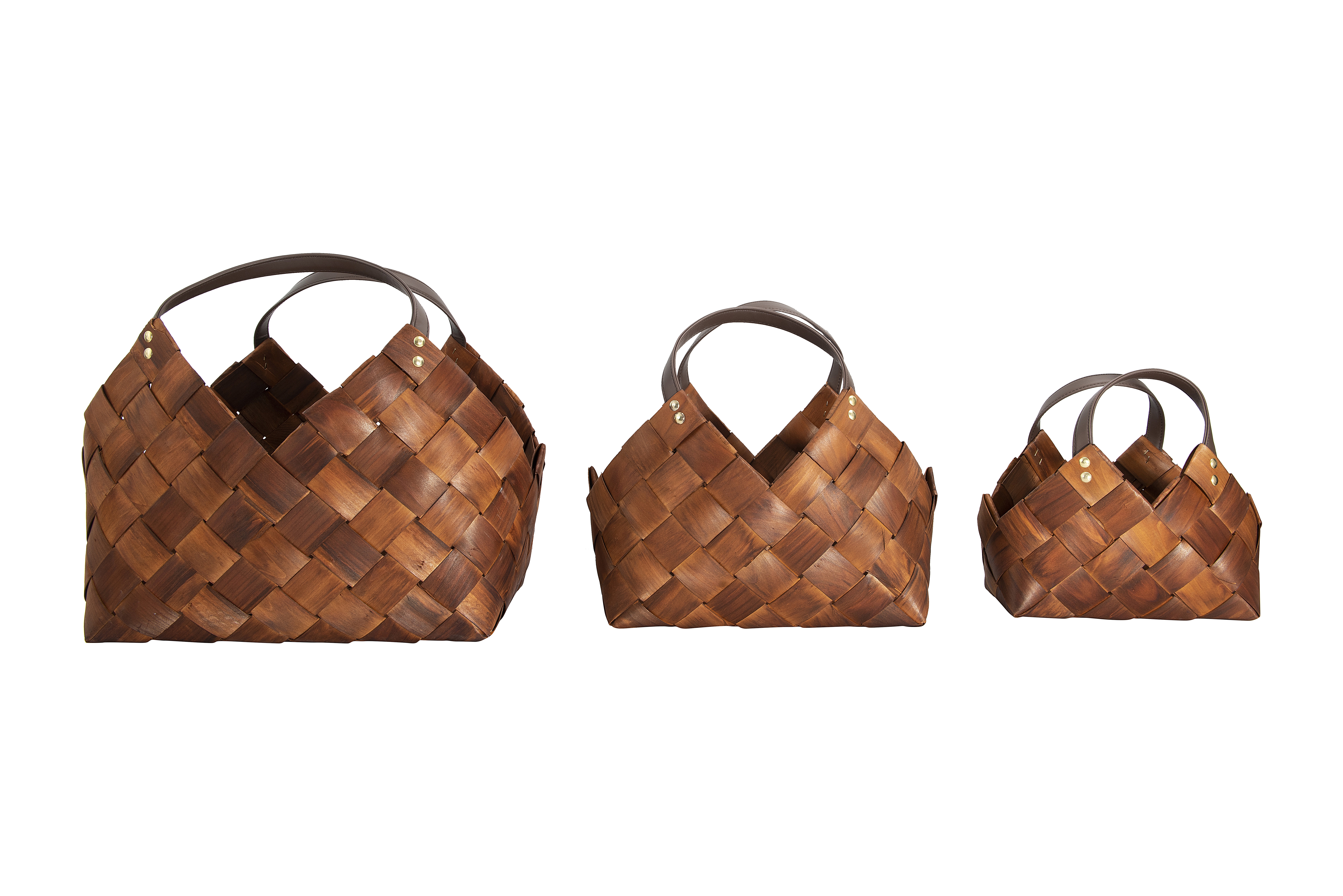 Brown Woven Seagrass Baskets with Leather Handles (Set of 3 Sizes) - Nomad Home