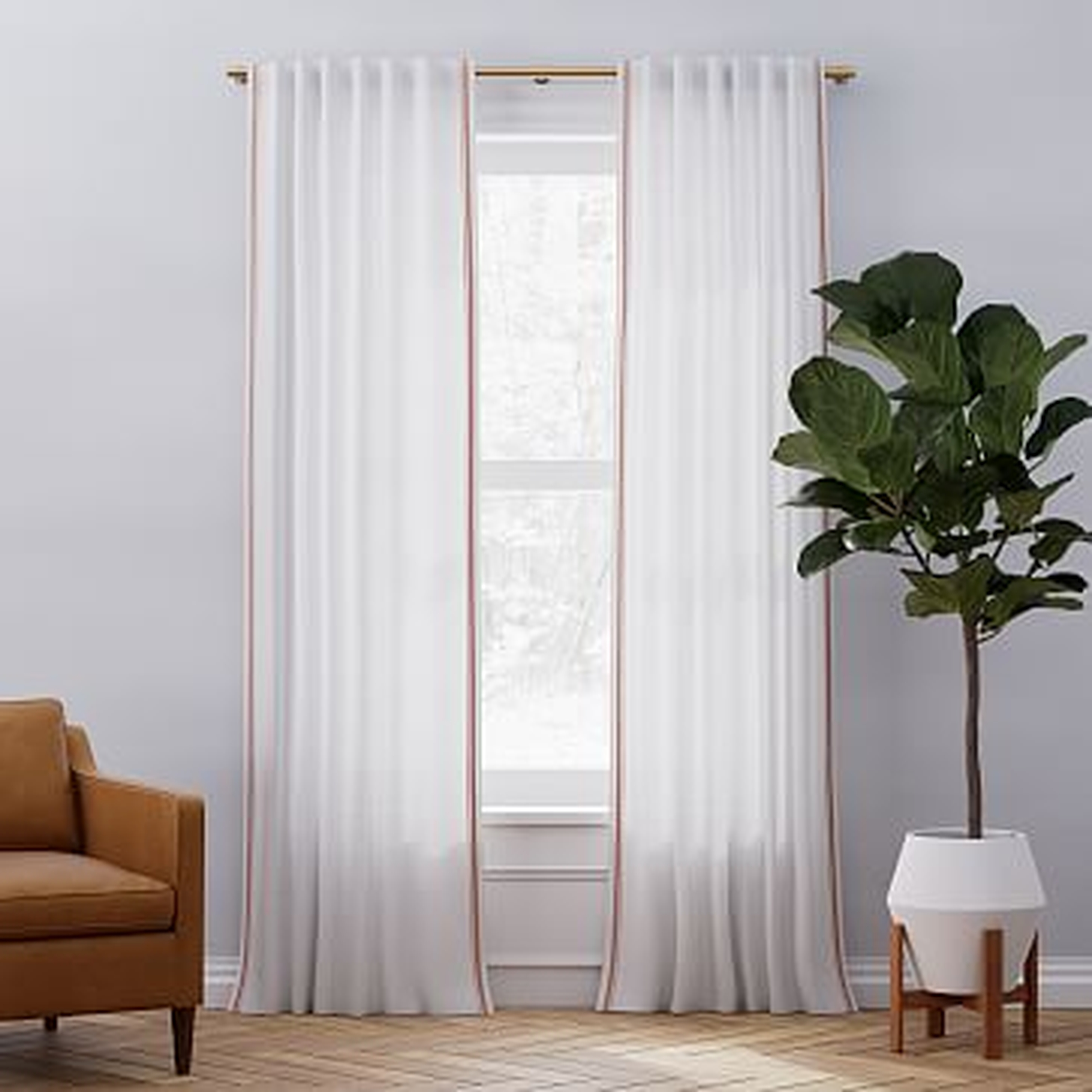 Belgian Flax Linen Embroidered Stripe Curtain, White + Misty Rose, 48"x84" - West Elm