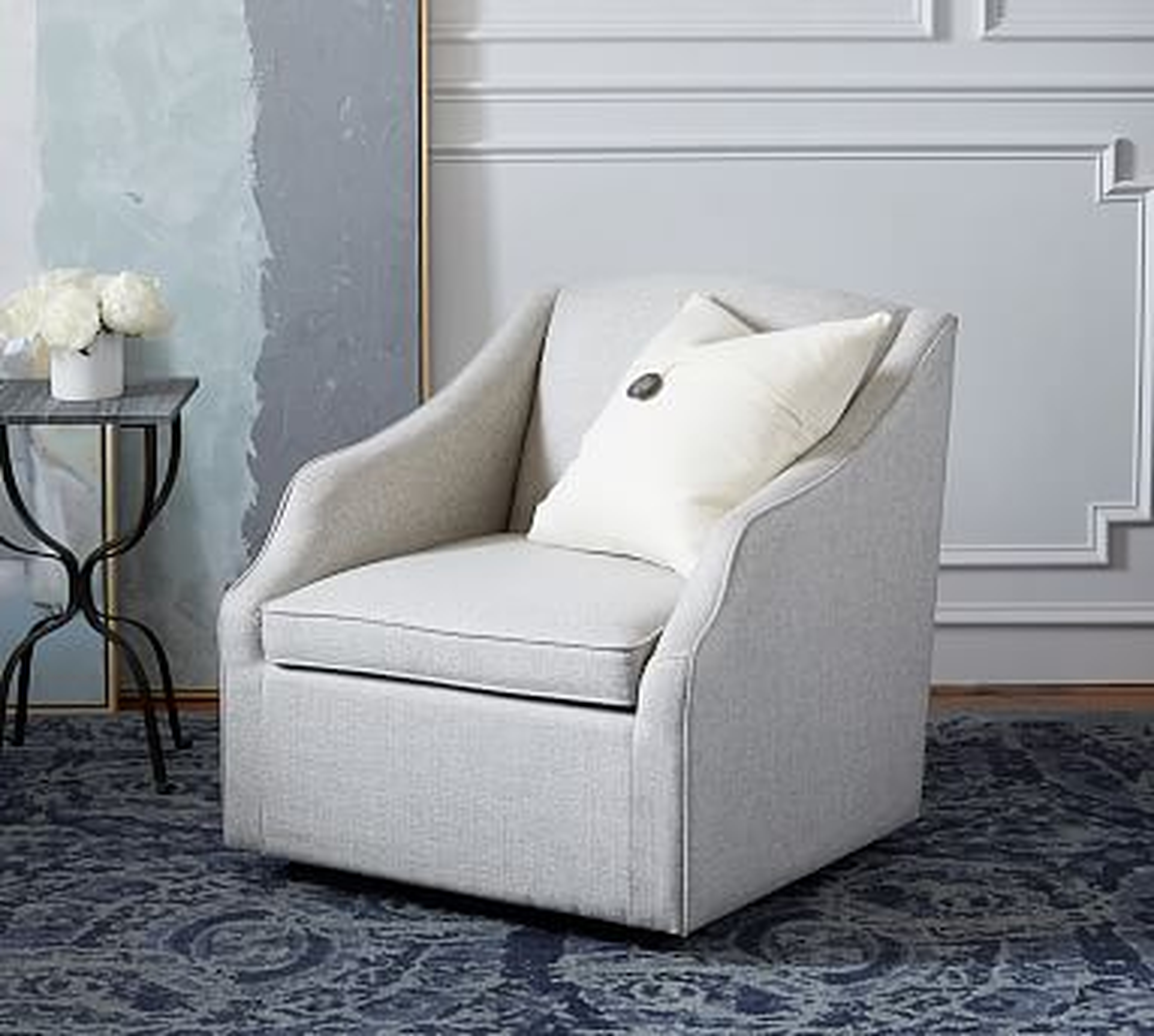 SoMa Emma Upholstered Swivel Armchair, Polyester Wrapped Cushions, Heathered Twill Stone - Pottery Barn