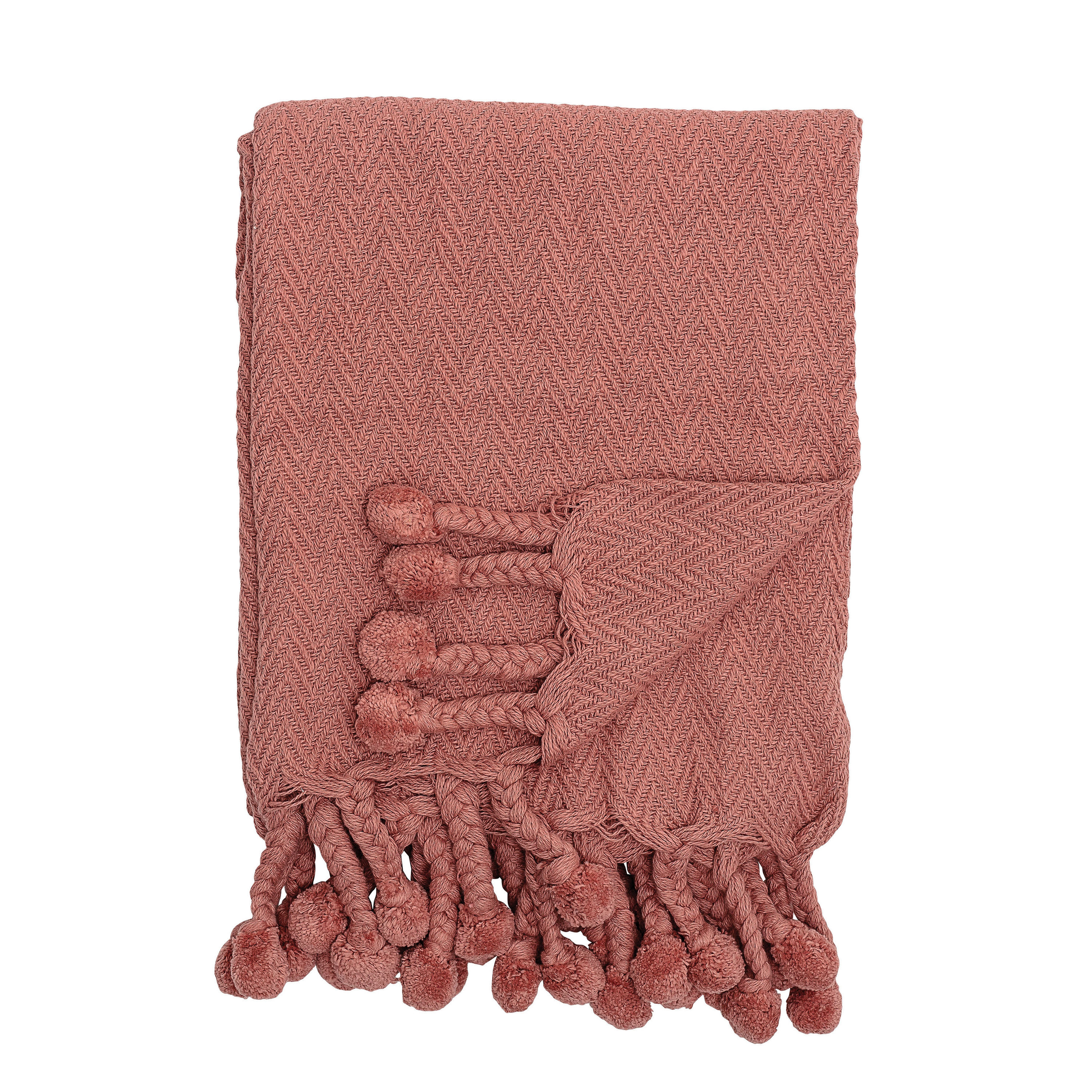 Cotton Throw with Braids & Pom Poms, Deep Rose - Bloomingville