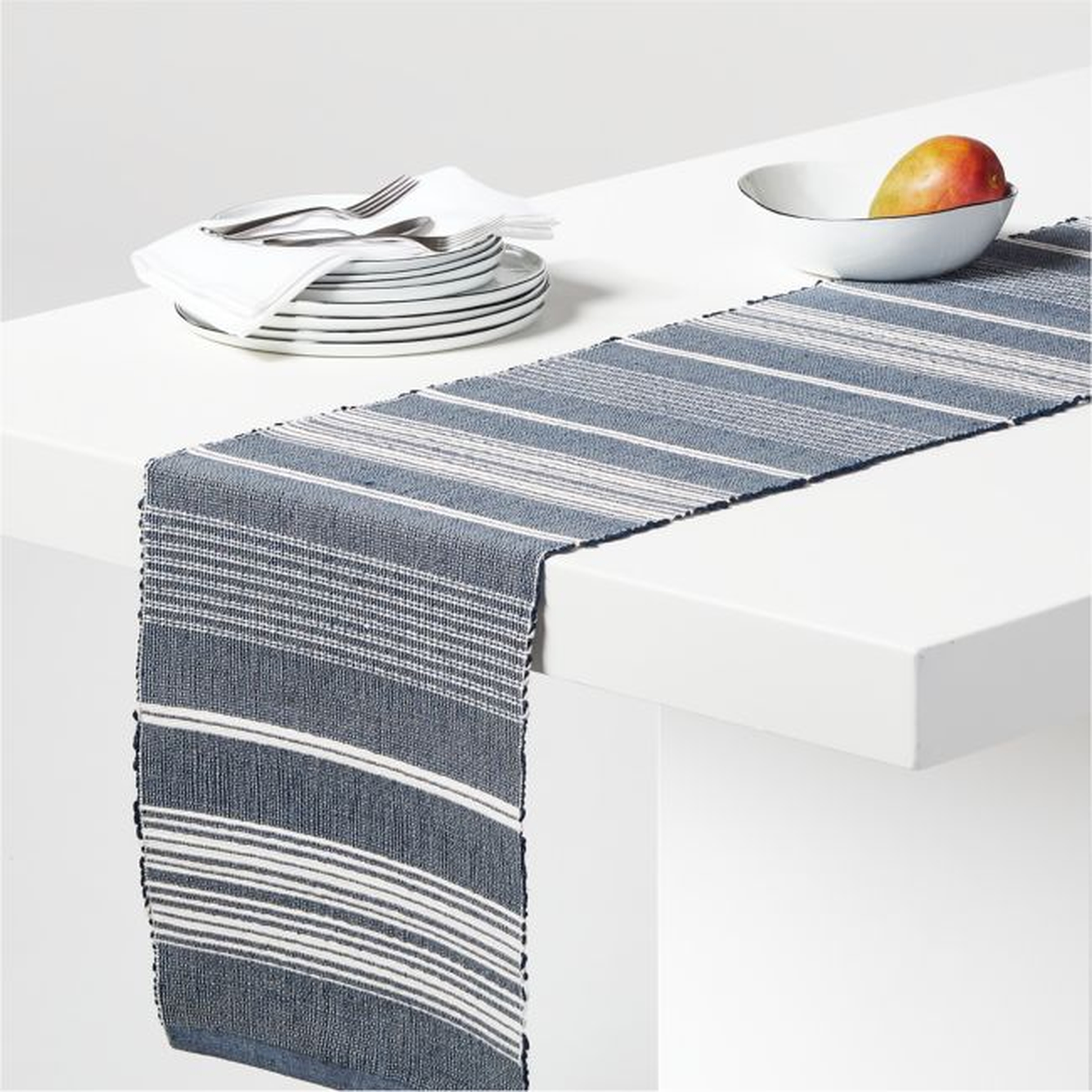 Tidal Blue and White Striped Woven Table Runner 90" - Crate and Barrel