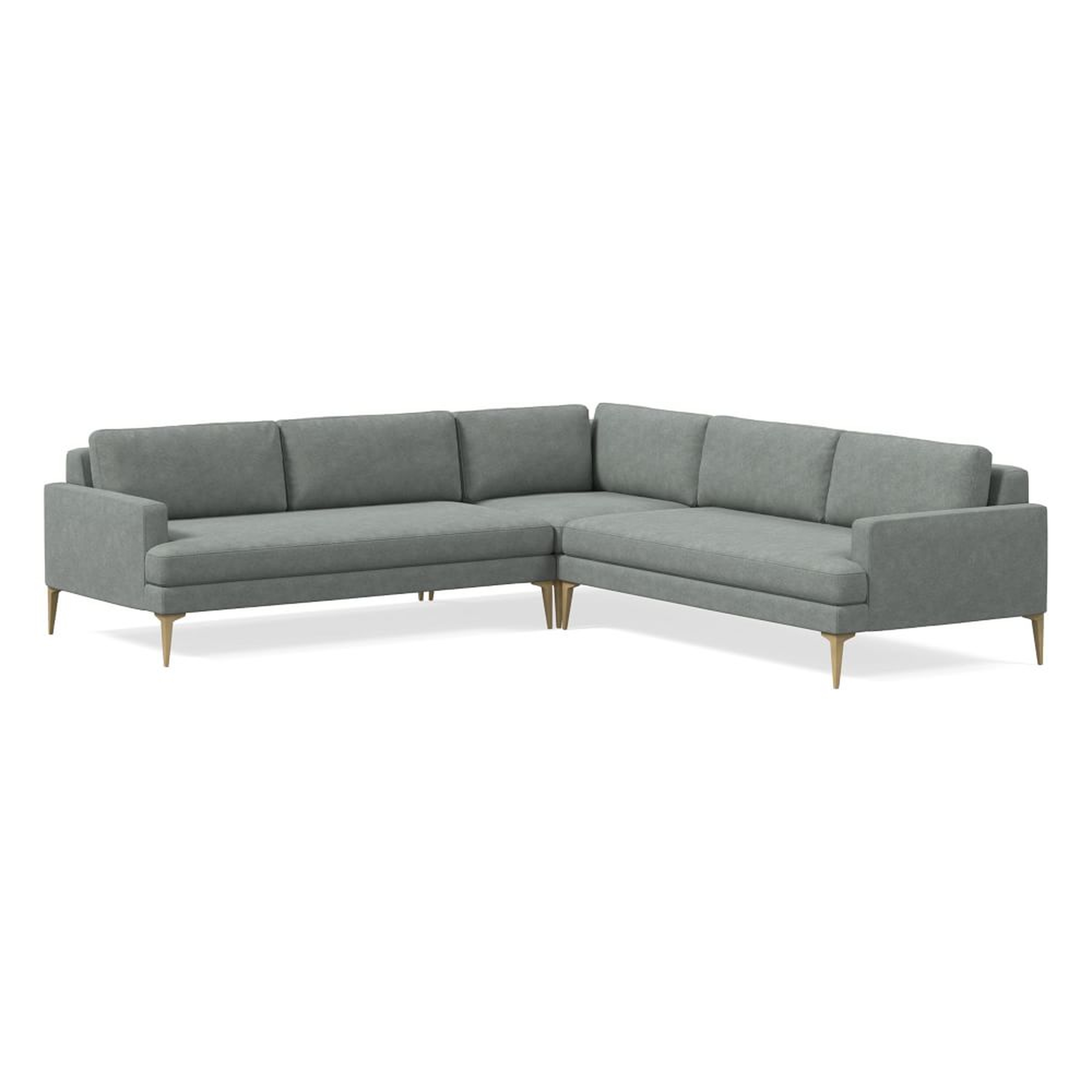 Andes 105" Multi Seat 3-Piece L-Shaped Sectional, Standard Depth, Distressed Velvet, Mineral Gray, BB - West Elm