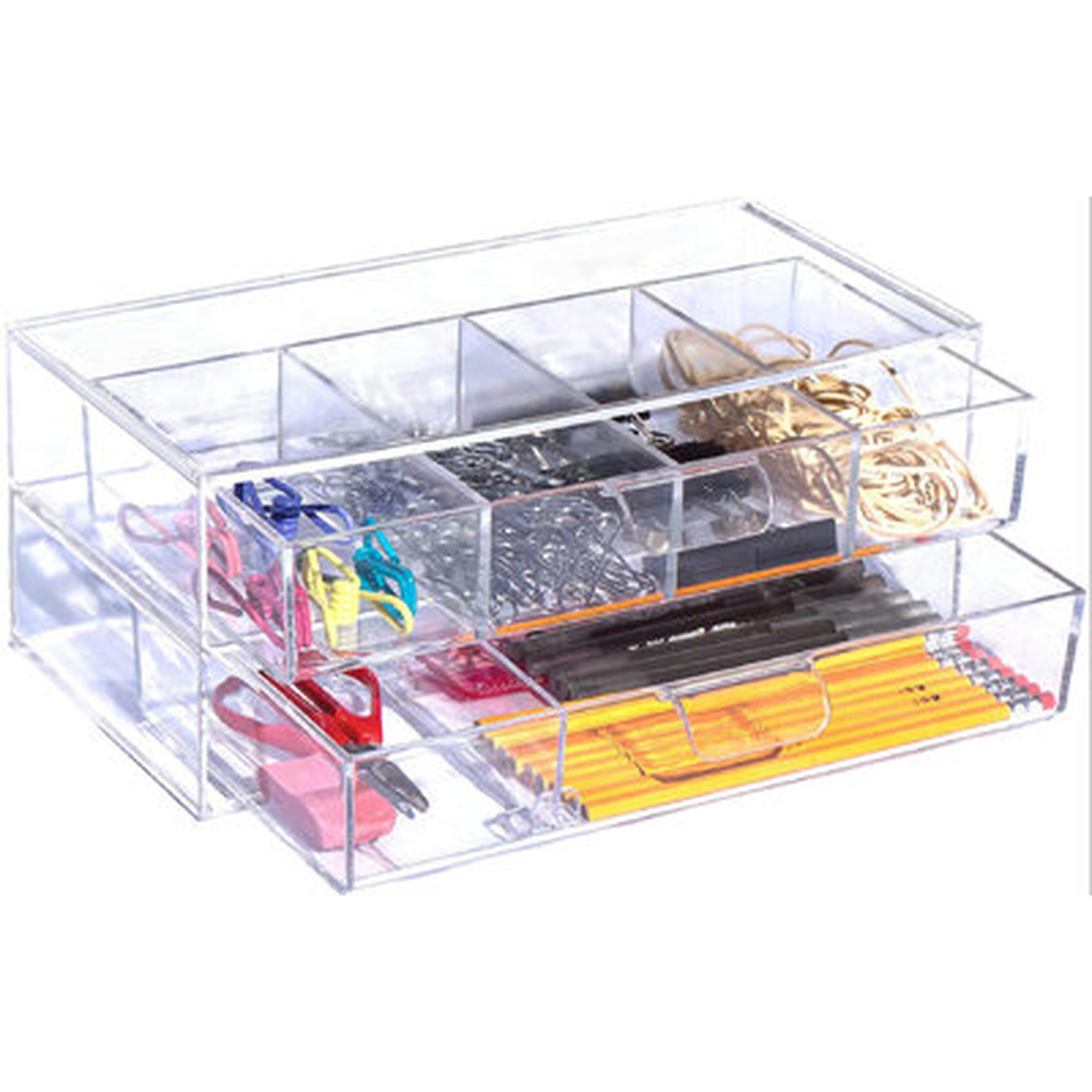 Drawer Stackable Acrylic Organizer & Storage | Office Supplies, Cosmetics, Coffee Pods/Tea Bags And More | Top Drawer With 4 Fixes Sections & Bottom Drawer With Movable Divider - Wayfair