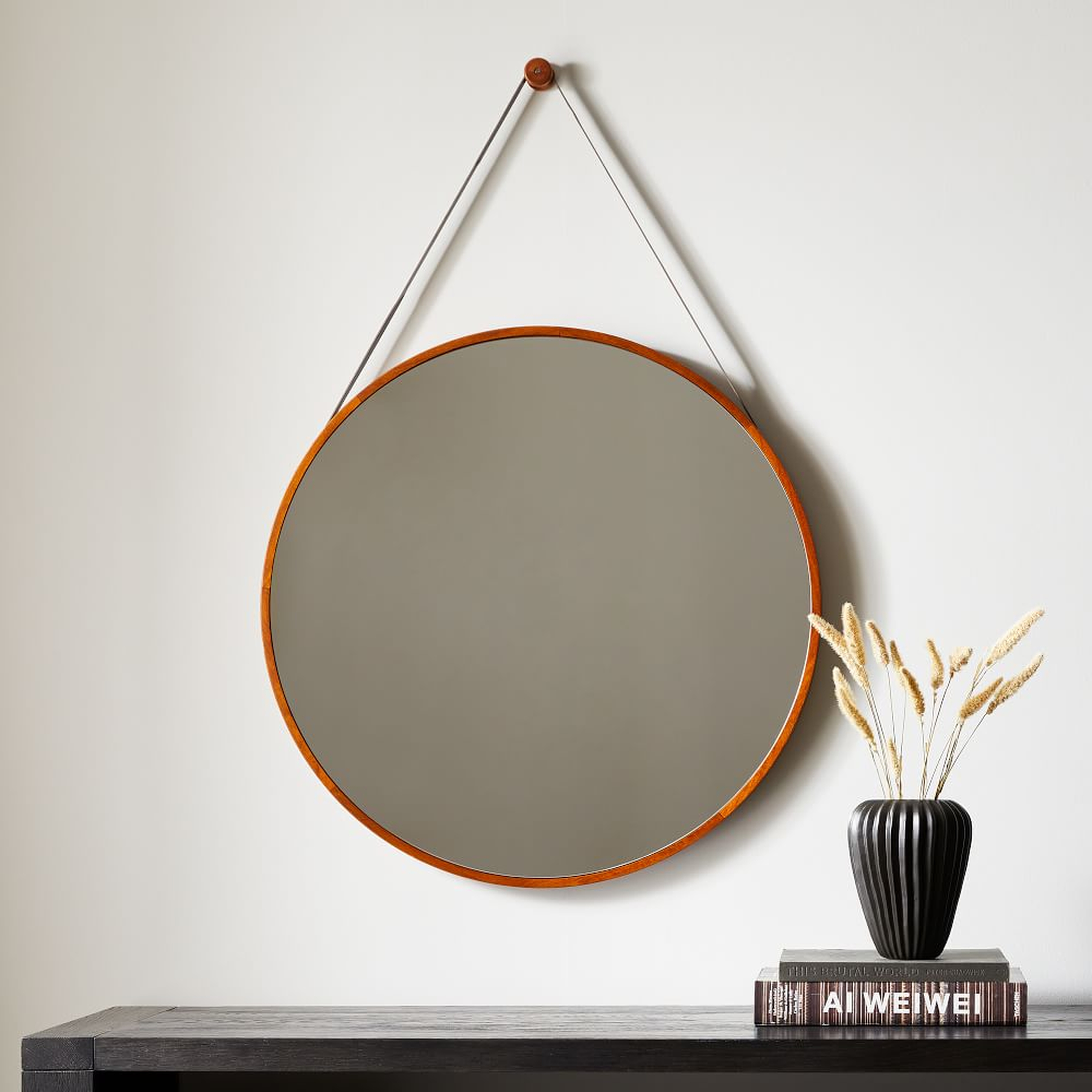 Modern Leather Round Hanging Mirror, Walnut and Black, 30" Diam - West Elm