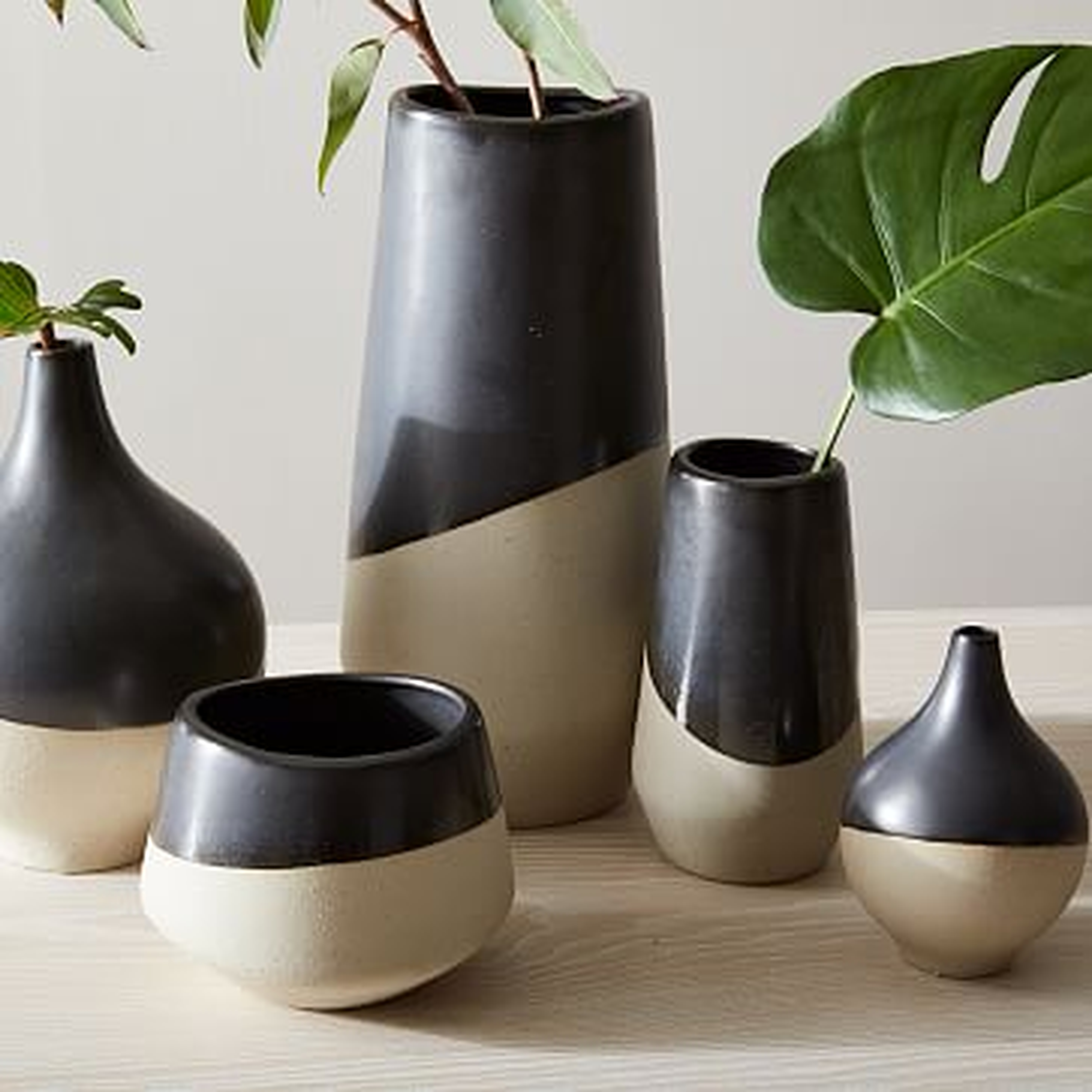 Half Dipped Stoneware Vases, Slate, 1 X Large Bulb, 1 X Tall Tapered, 1 X Bowl Bom - West Elm