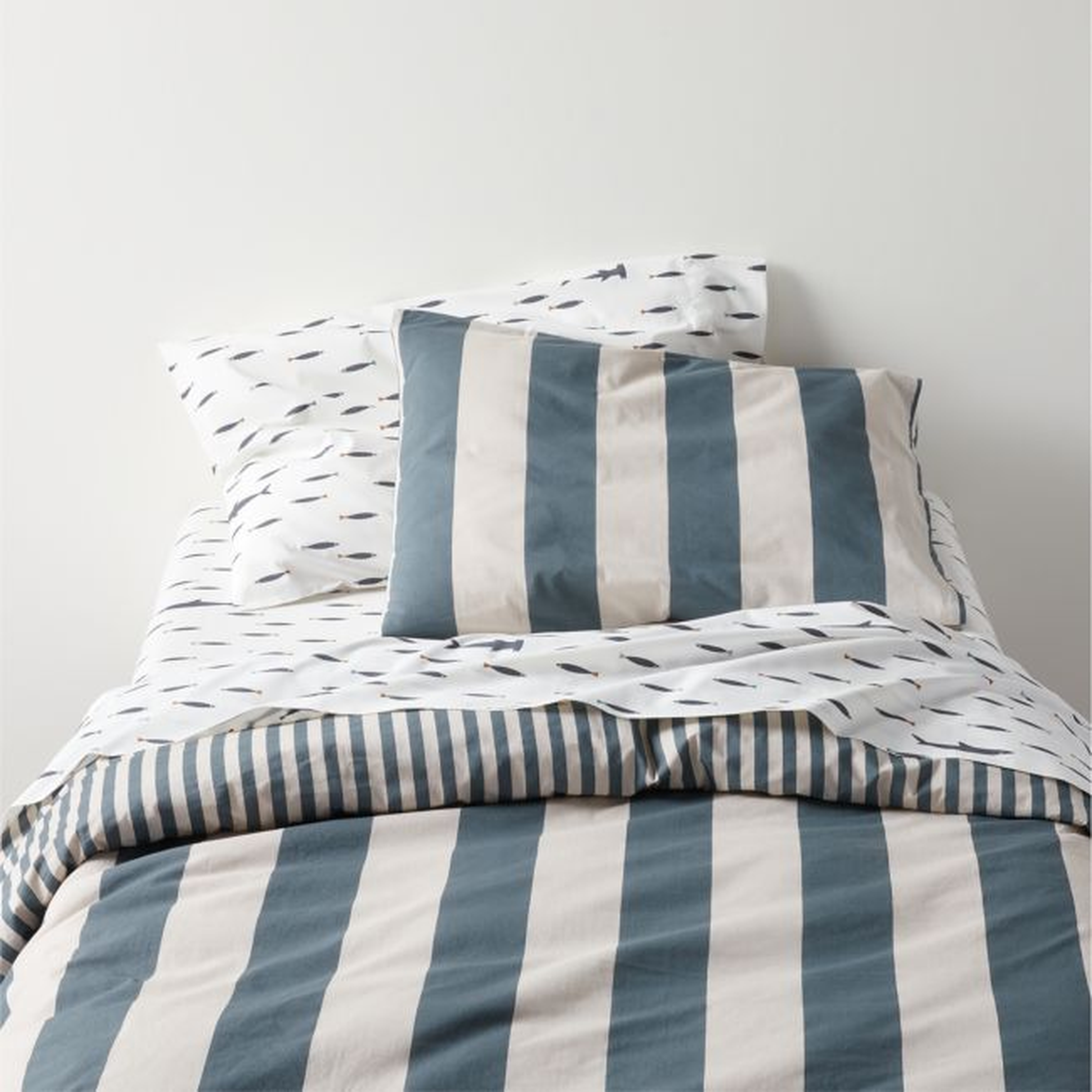 Riviera Slate Blue and Oatmeal Reversible Stripe Organic Cotton Reversible Kids Full/Queen Duvet Cover - Crate & Kids