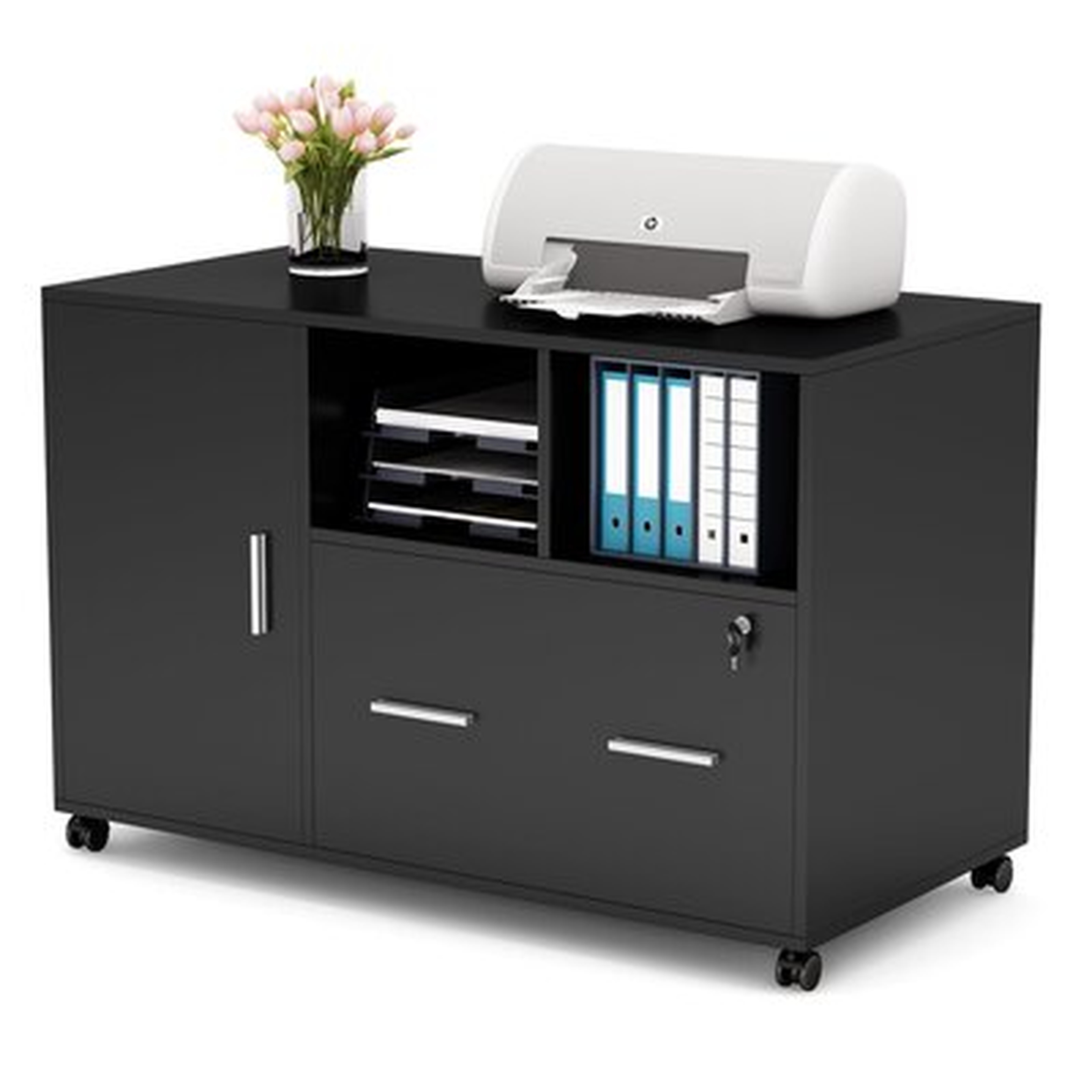 Large Mobile File Cabinet, With Lock And Drawer, Modern Mobile Lateral Filing Cabinet Printer Stand Legal/Letter / A4 Size With Wheels And Storage Shelves - Wayfair