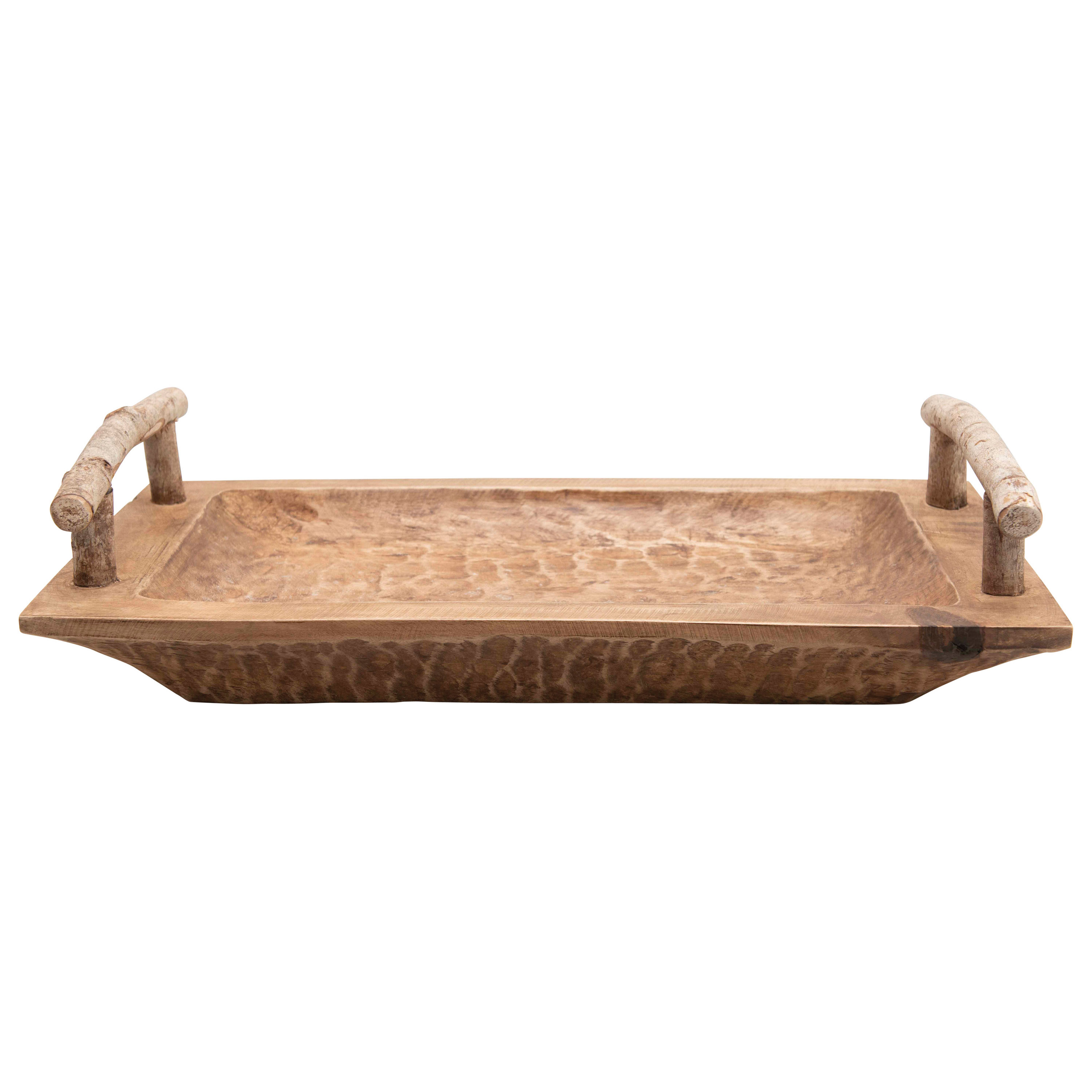 Hand-Carved Mango Wood Tray with Birch Branch Handles - Nomad Home