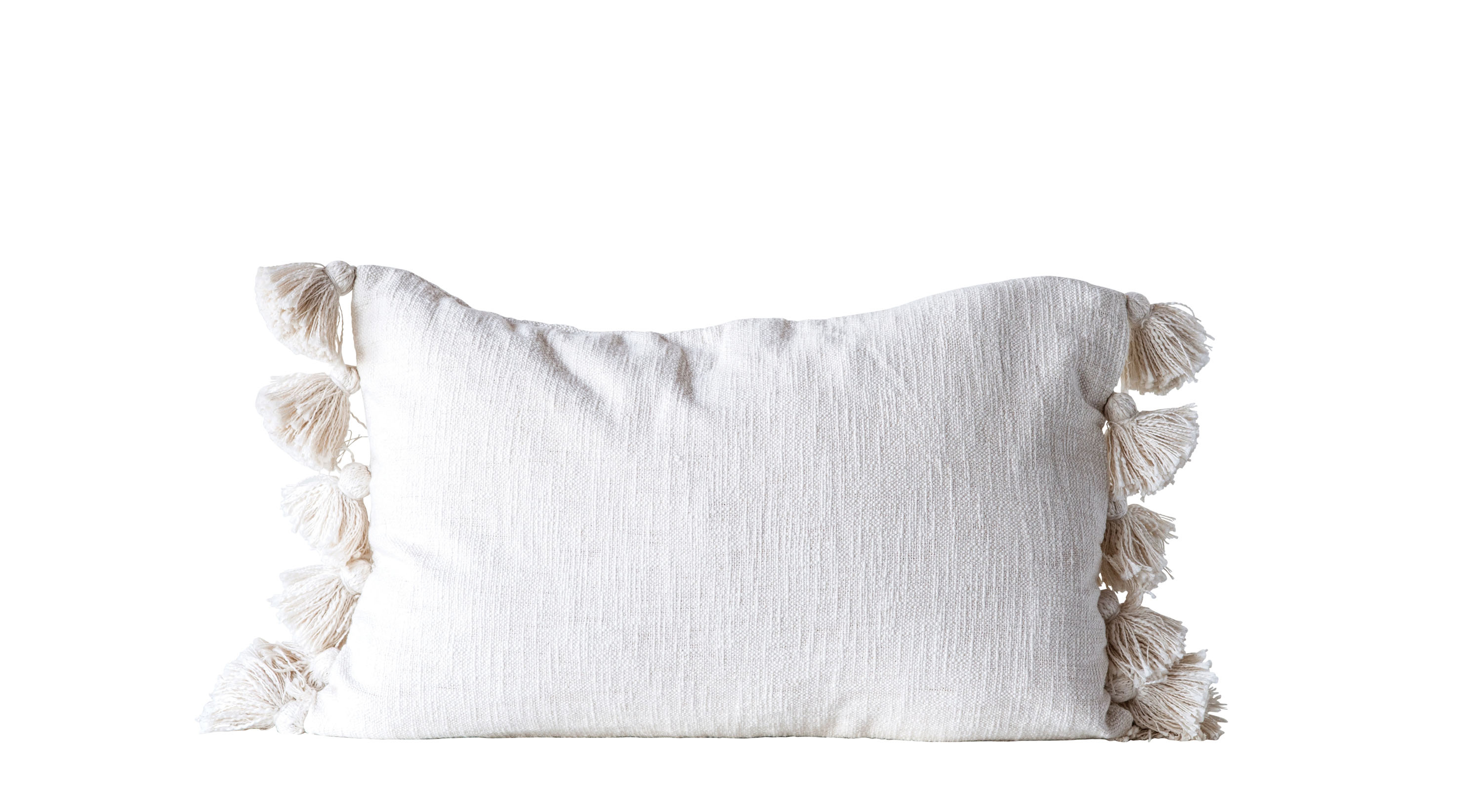 Cream Cotton Woven Slub Pillow with Plush Tassels - Nomad Home