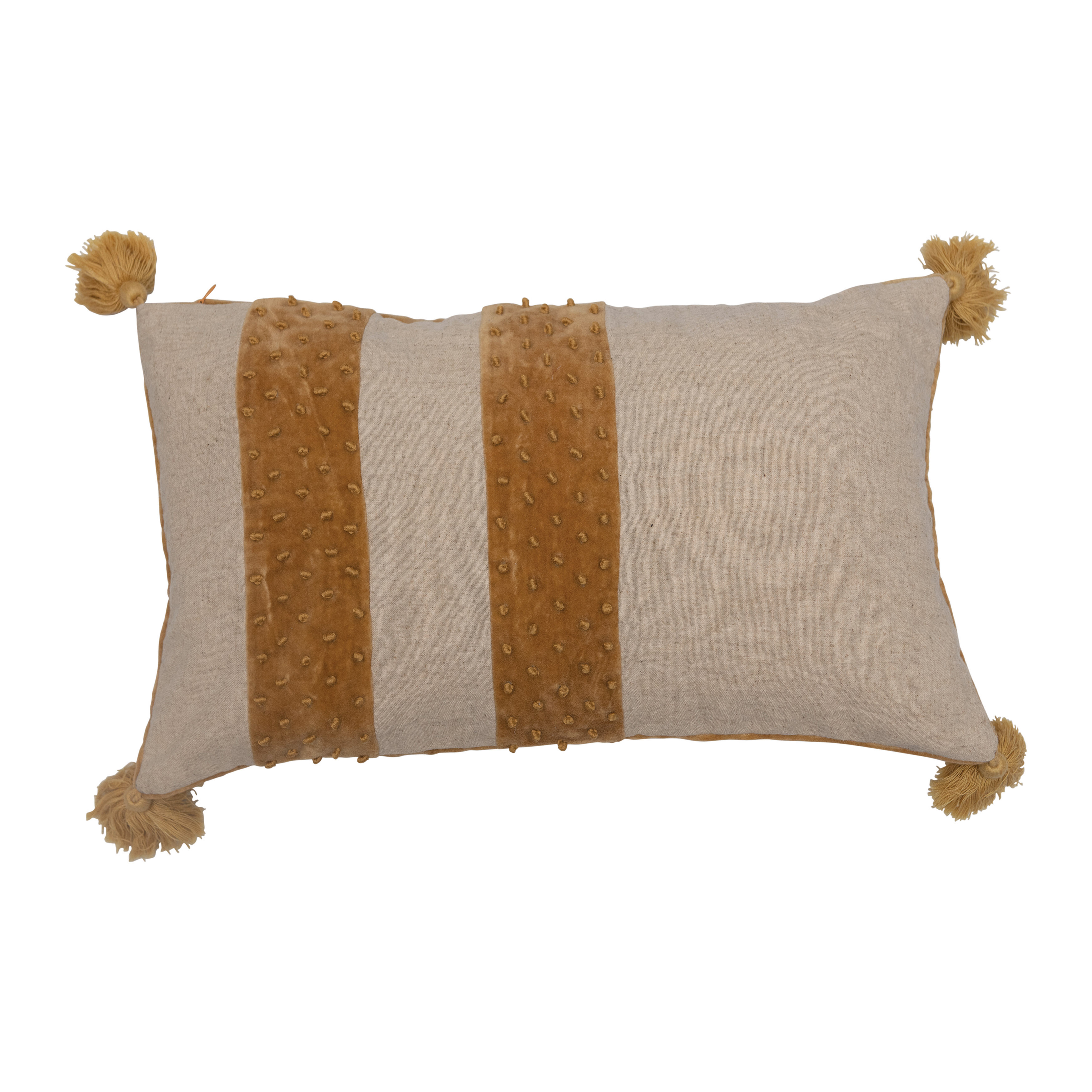 Velvet Stripe Tassel Lumbar Pillow, Mustard, 20" x 12" - Creative Co-Op