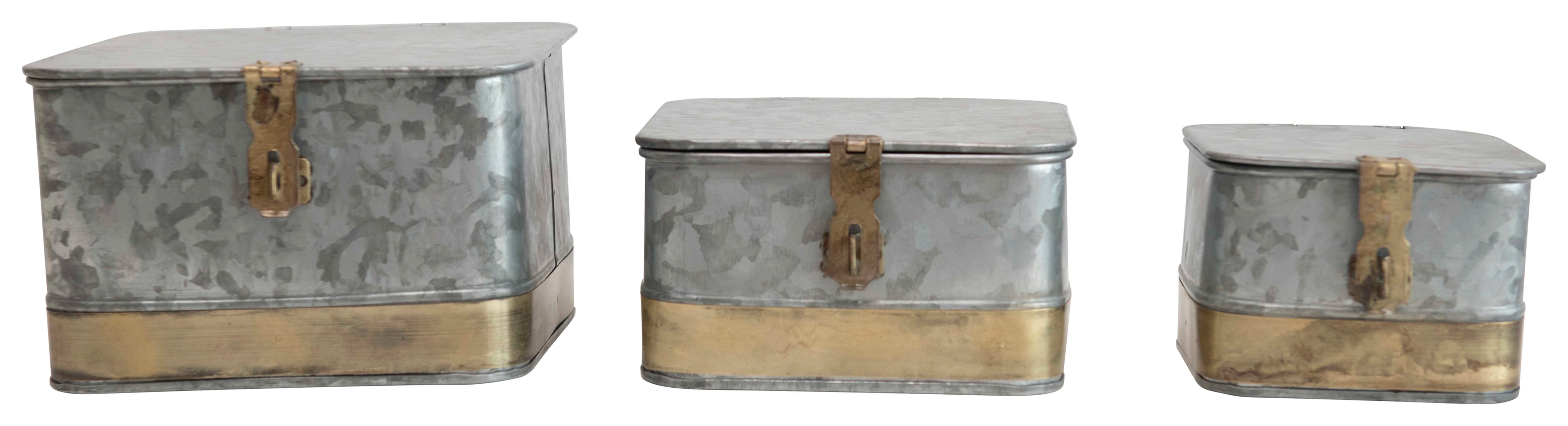 Decorative Galvanized Metal Boxes with Lids & Brass Accents (Set of 3 Sizes) - Nomad Home