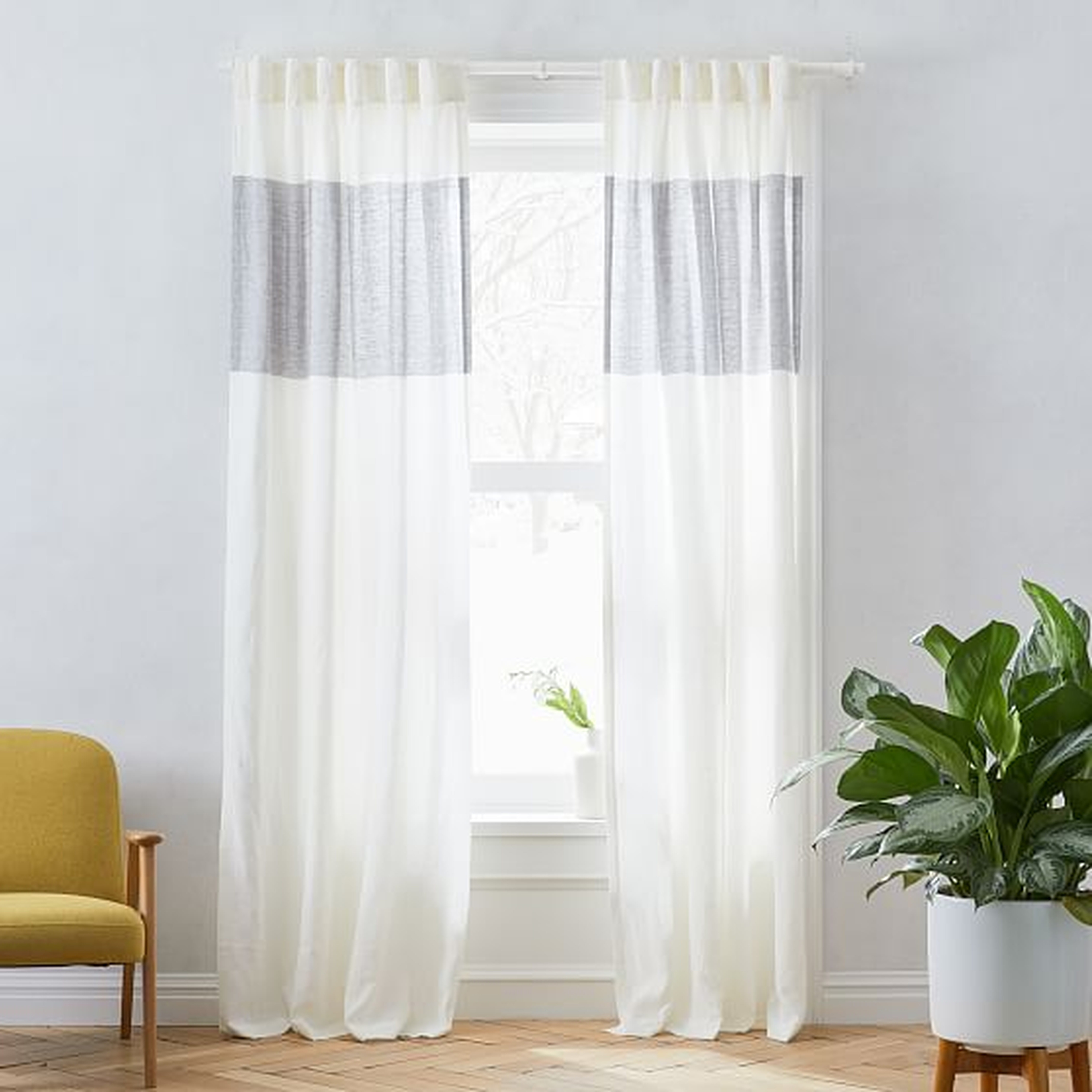 European Flax Linen Contrast Stripe Curtain, Stone White & Slate, 48"x84" - West Elm