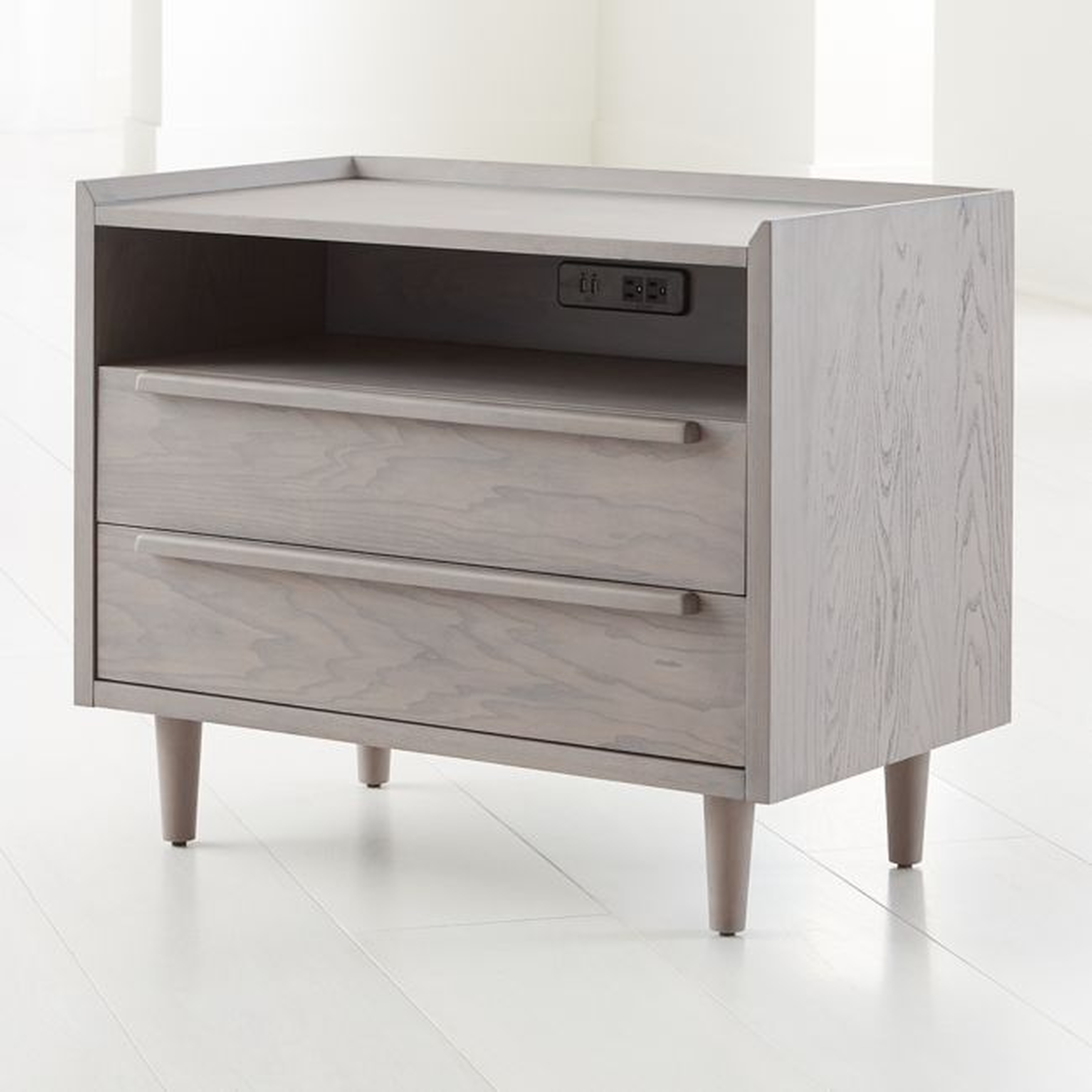 Tate Stone 2-Drawer Mid-Century Nightstand with Power Outlet - Crate and Barrel