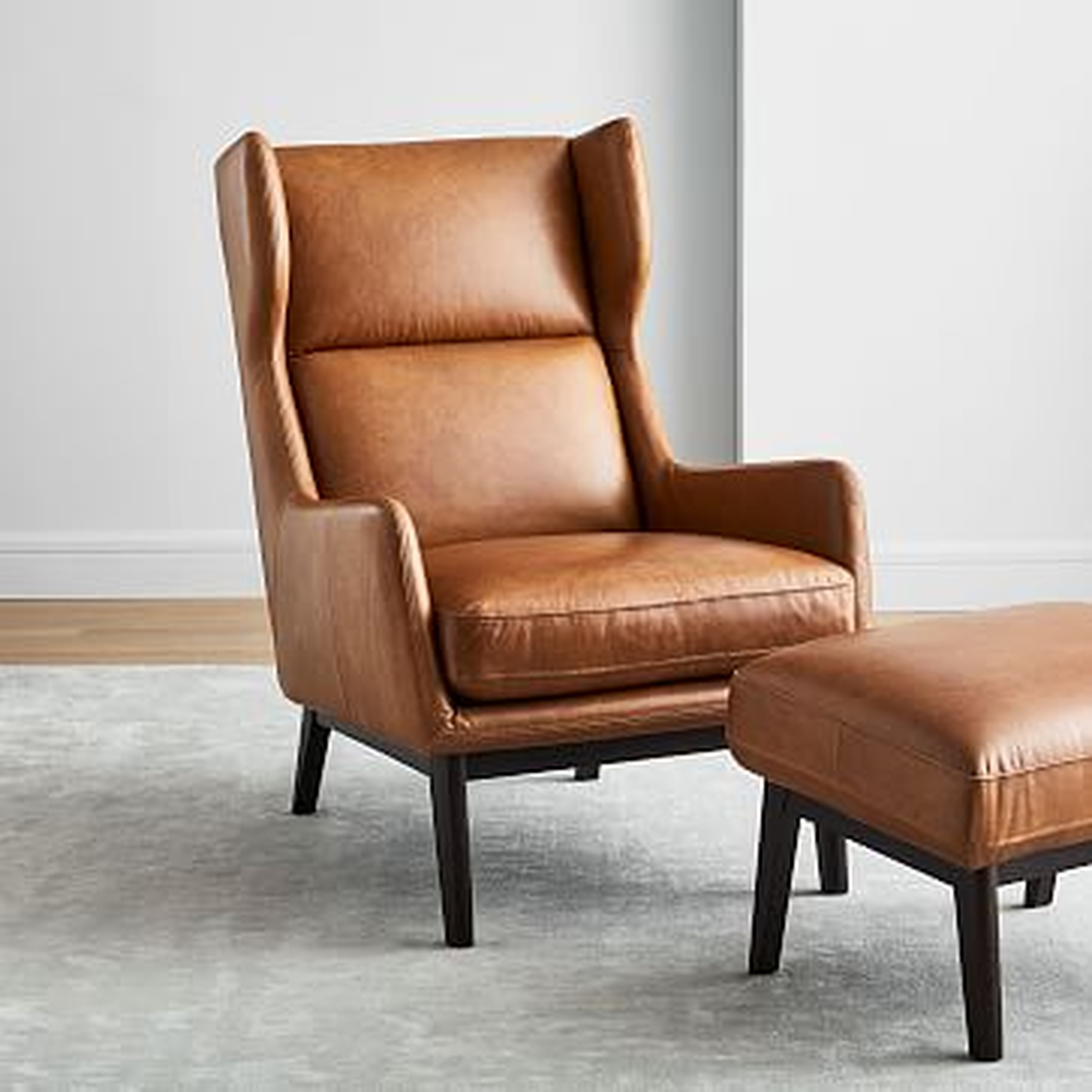 Ryder Chair + Ottoman Set, Saddle Leather, Nut, Dark Walnut - West Elm