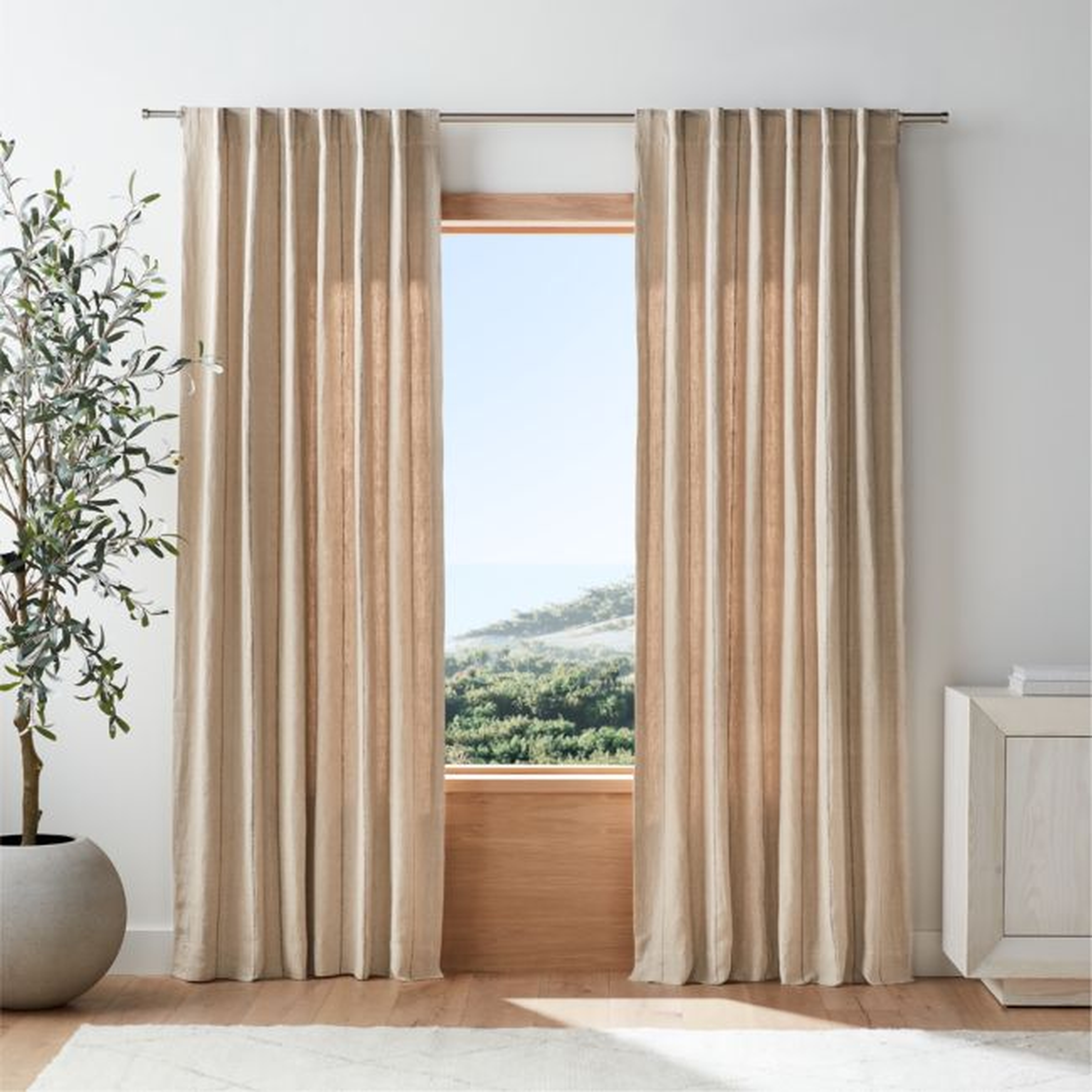 Warm Beige & Storm Grey Linen Double Pinstripe Window Curtain Panel 52"x108" - Crate and Barrel