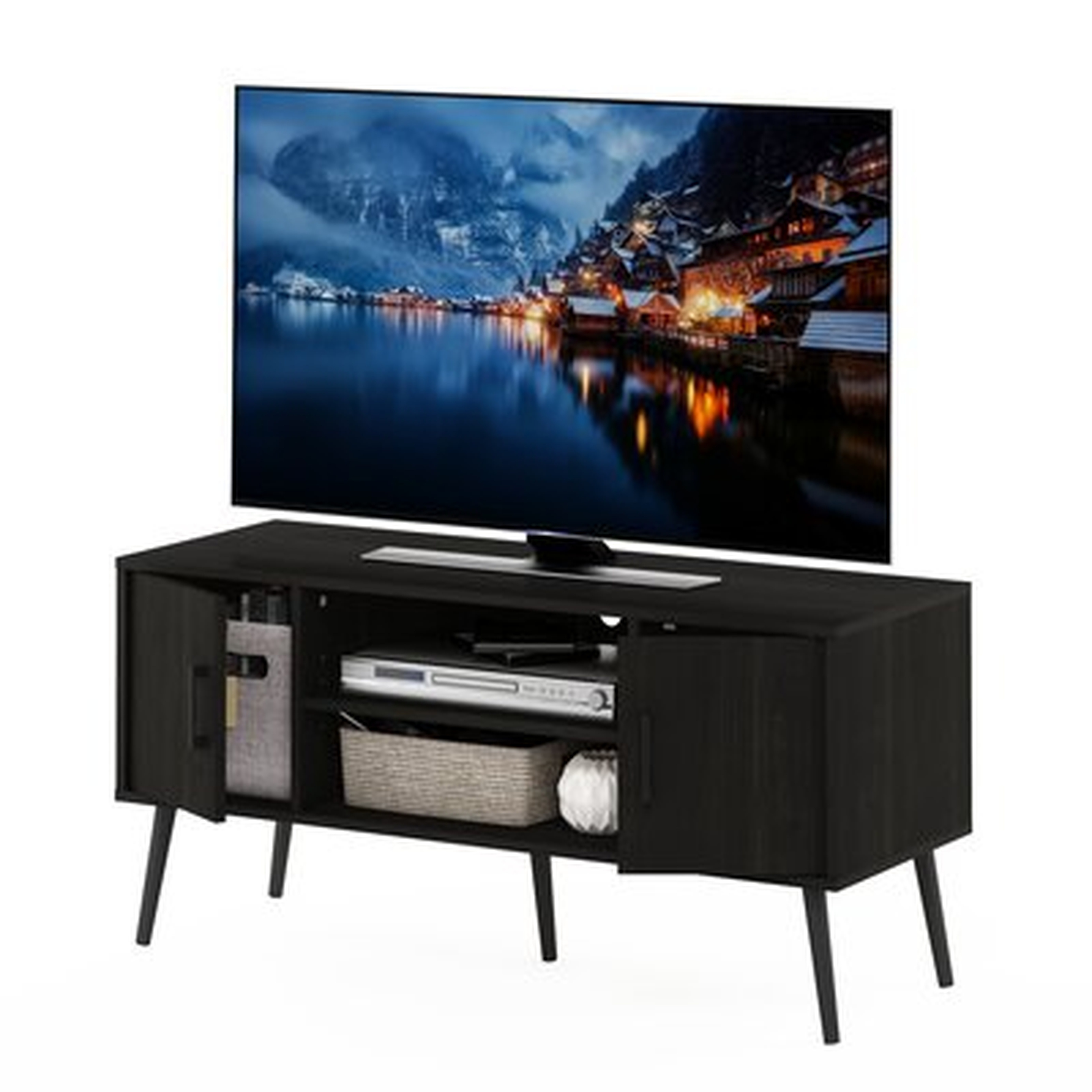 Millstadt Mid Century Style TV Stand With Wood Legs, Two Cabinets, Espresso - Wayfair