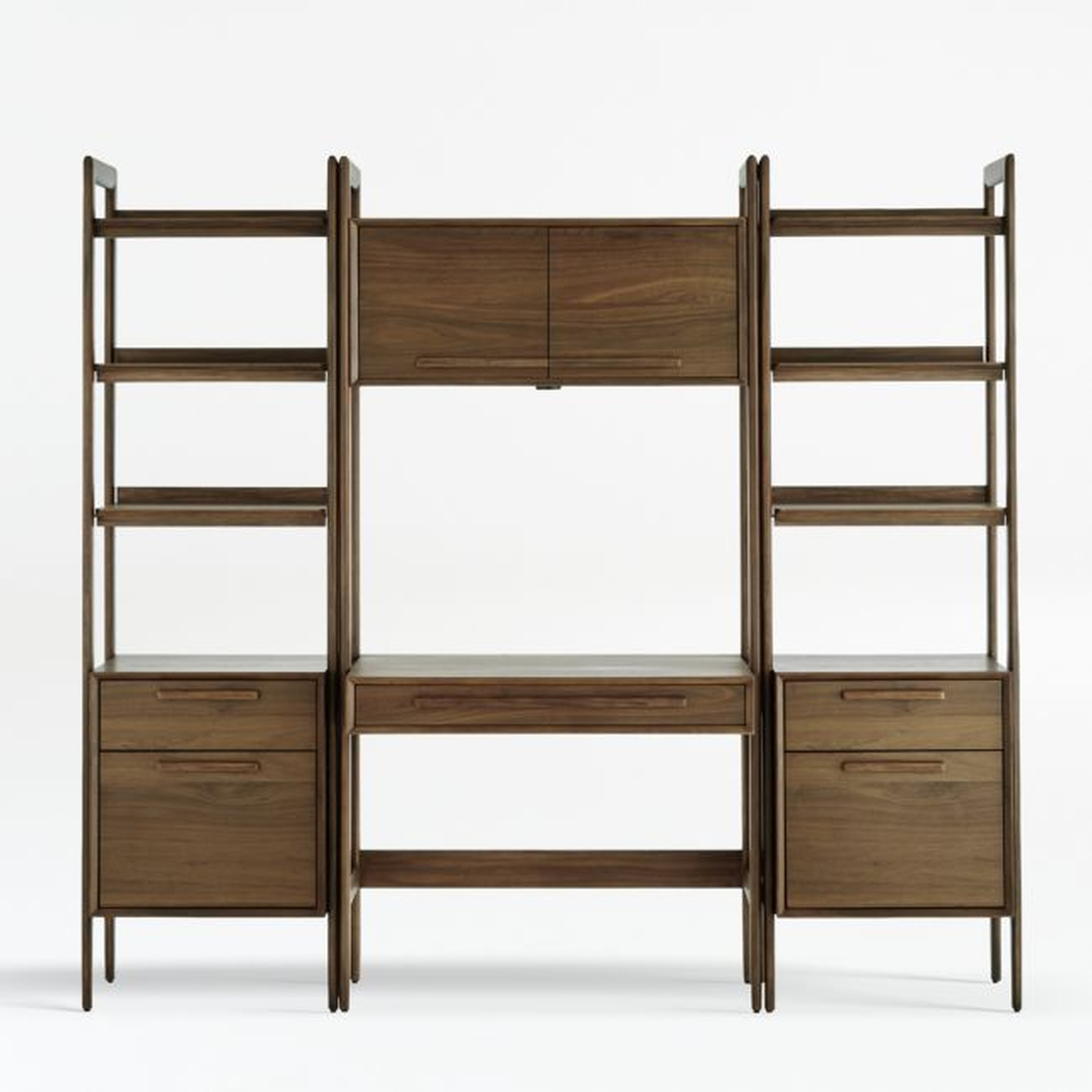 Tate Walnut Bookcase Desk with Outlet with 2 Bookcase File Cabinets. - Crate and Barrel