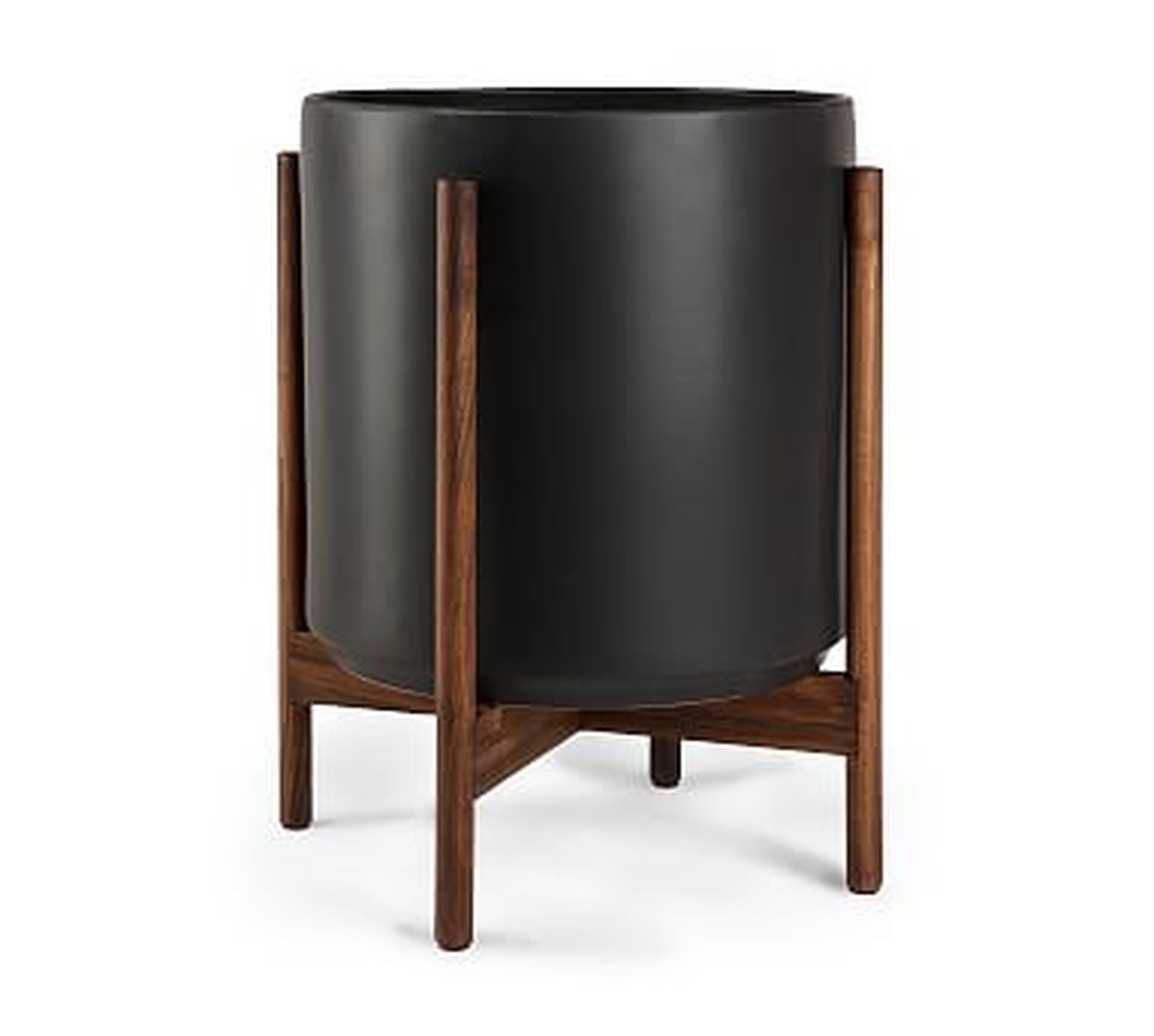 Modern Ceramic Planters with Wooden Stand, Black - Large - Pottery Barn