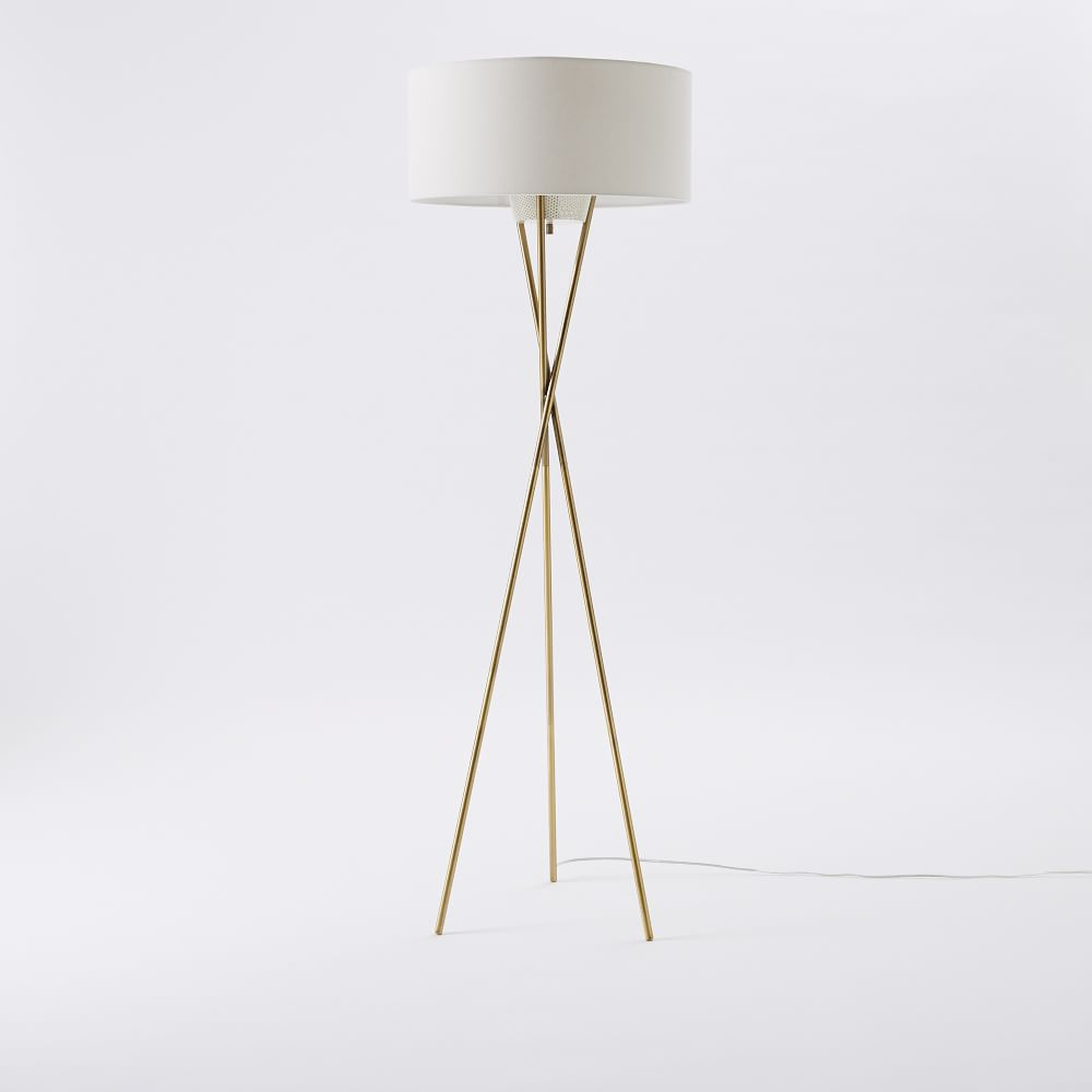 Mid-Century Metal Tripod Floor Lamp Antique Brass White Linen (66") - West Elm