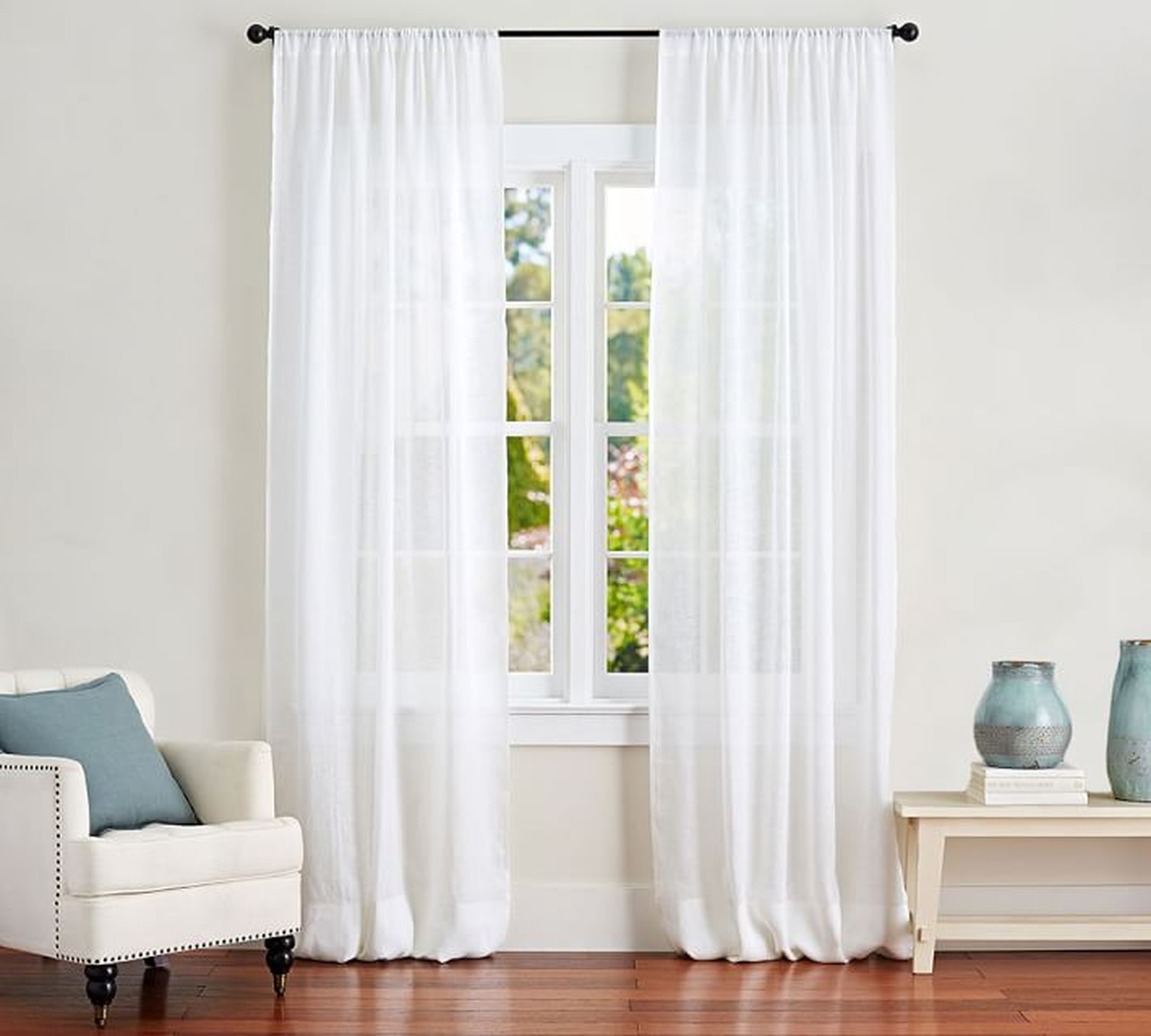 Belgian Linen Rod Pocket Sheer Curtain Made with Libeco(TM) Linen, 50 x 84", White - Pottery Barn