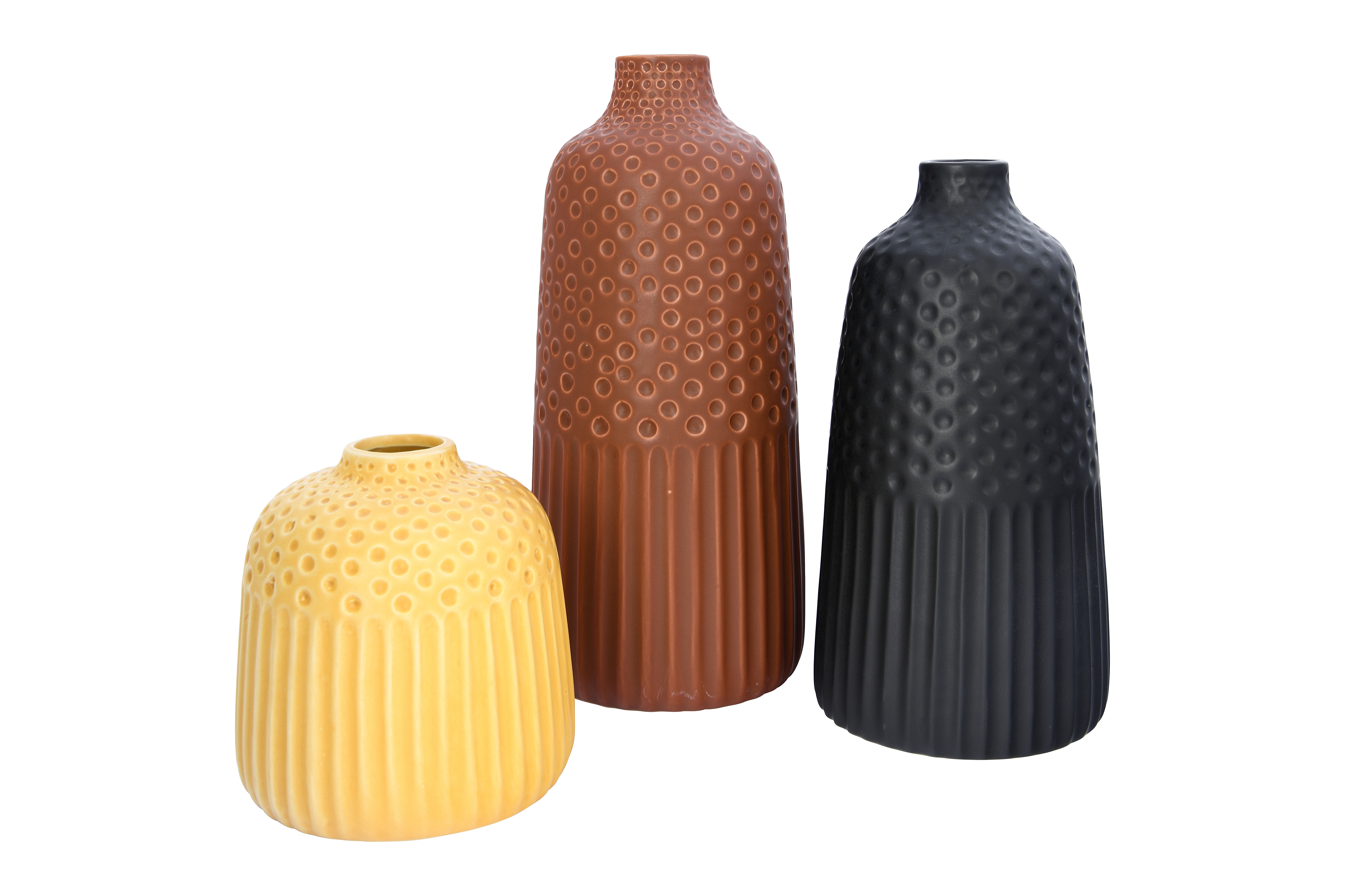 Embossed Stoneware Vases with Fluted & Polka Dot Designs (Set of 3 Sizes/Colors) - Nomad Home