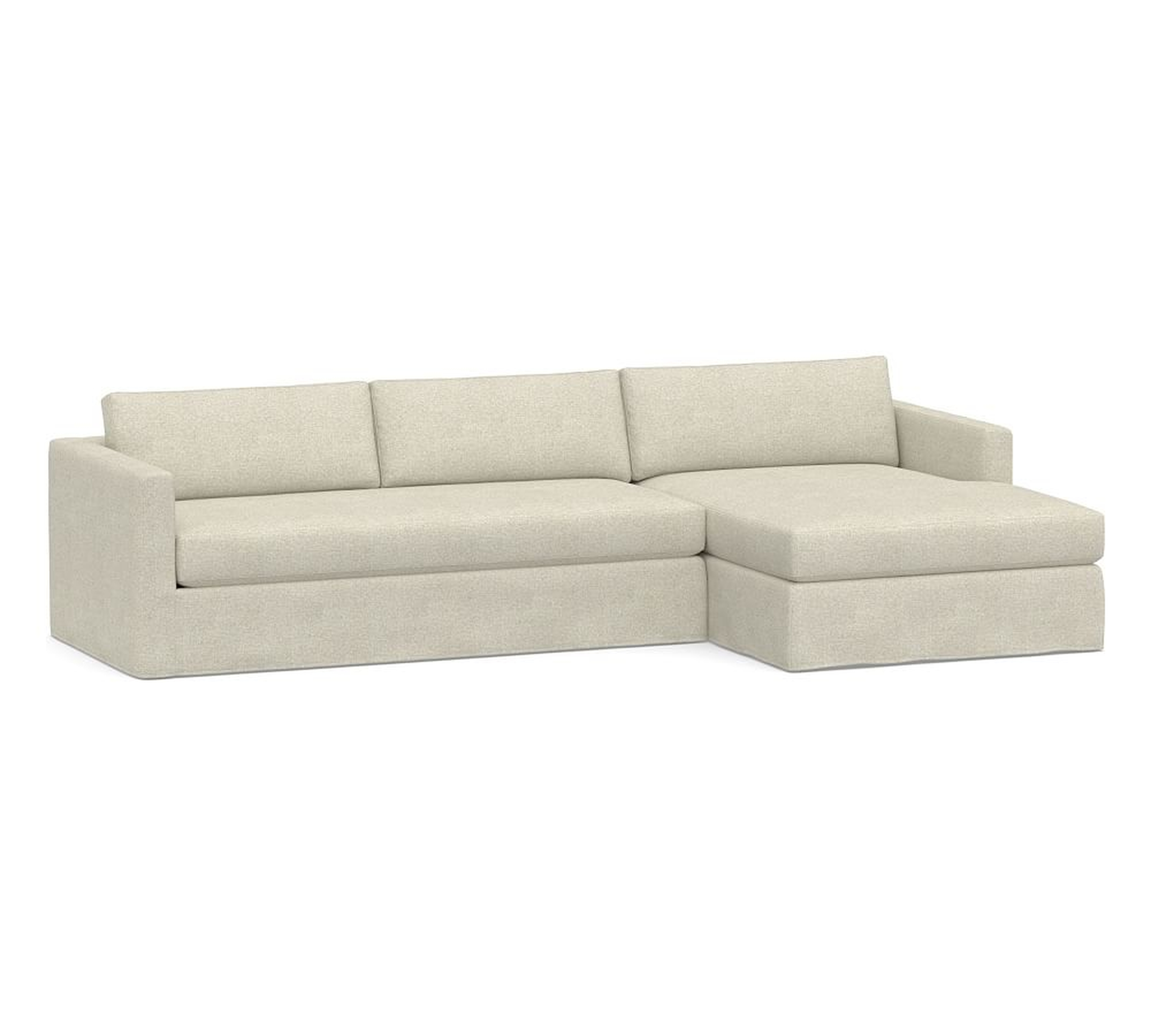 Carmel Slim Square Arm Slipcovered Left Arm Sofa with Wide Chaise Sectional and Bench Cushion, Down Blend Wrapped Cushions, Performance Heathered Basketweave Alabaster White - Pottery Barn