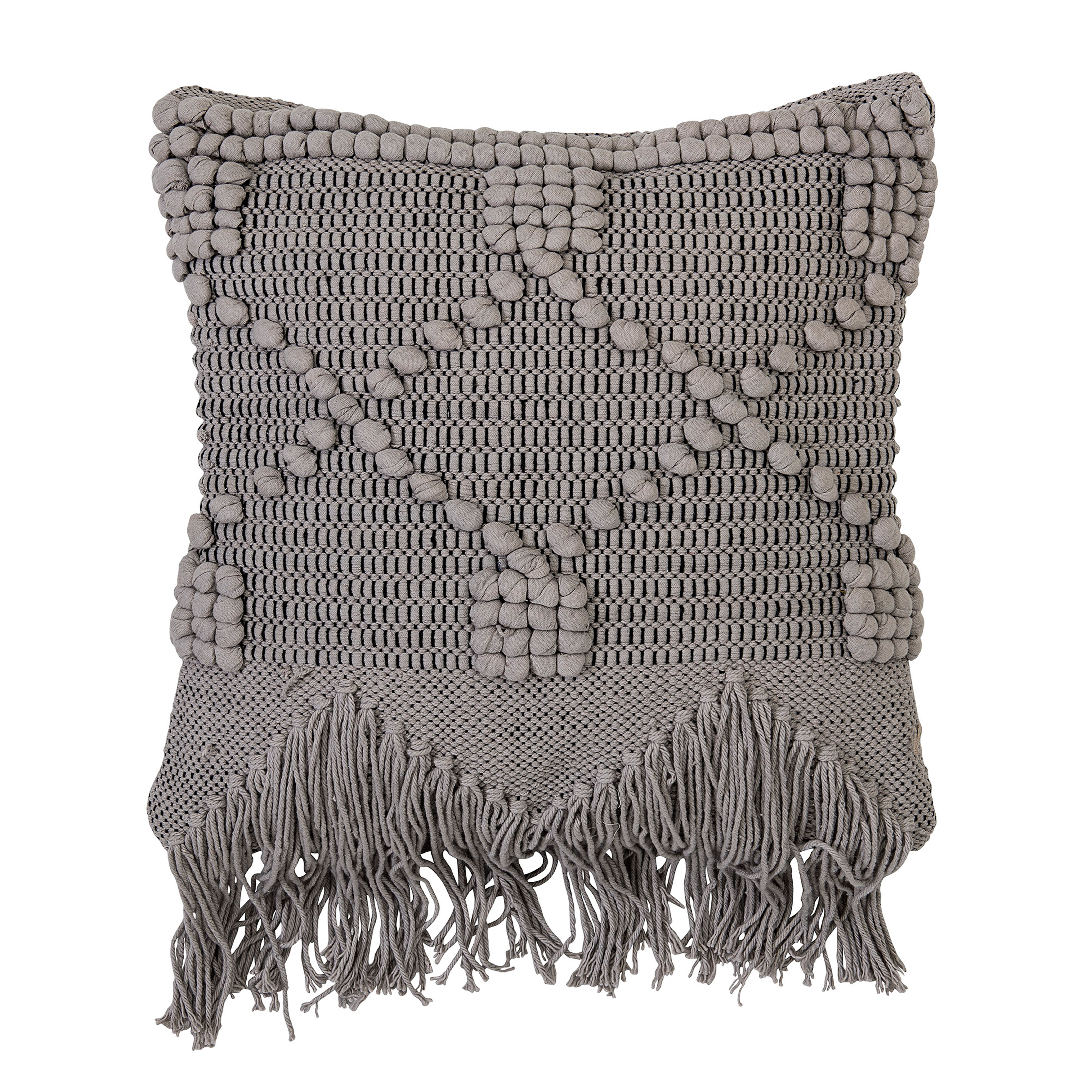 Textured Pillow with Fringe, Gray Cotton, 18" x 18" - Bloomingville