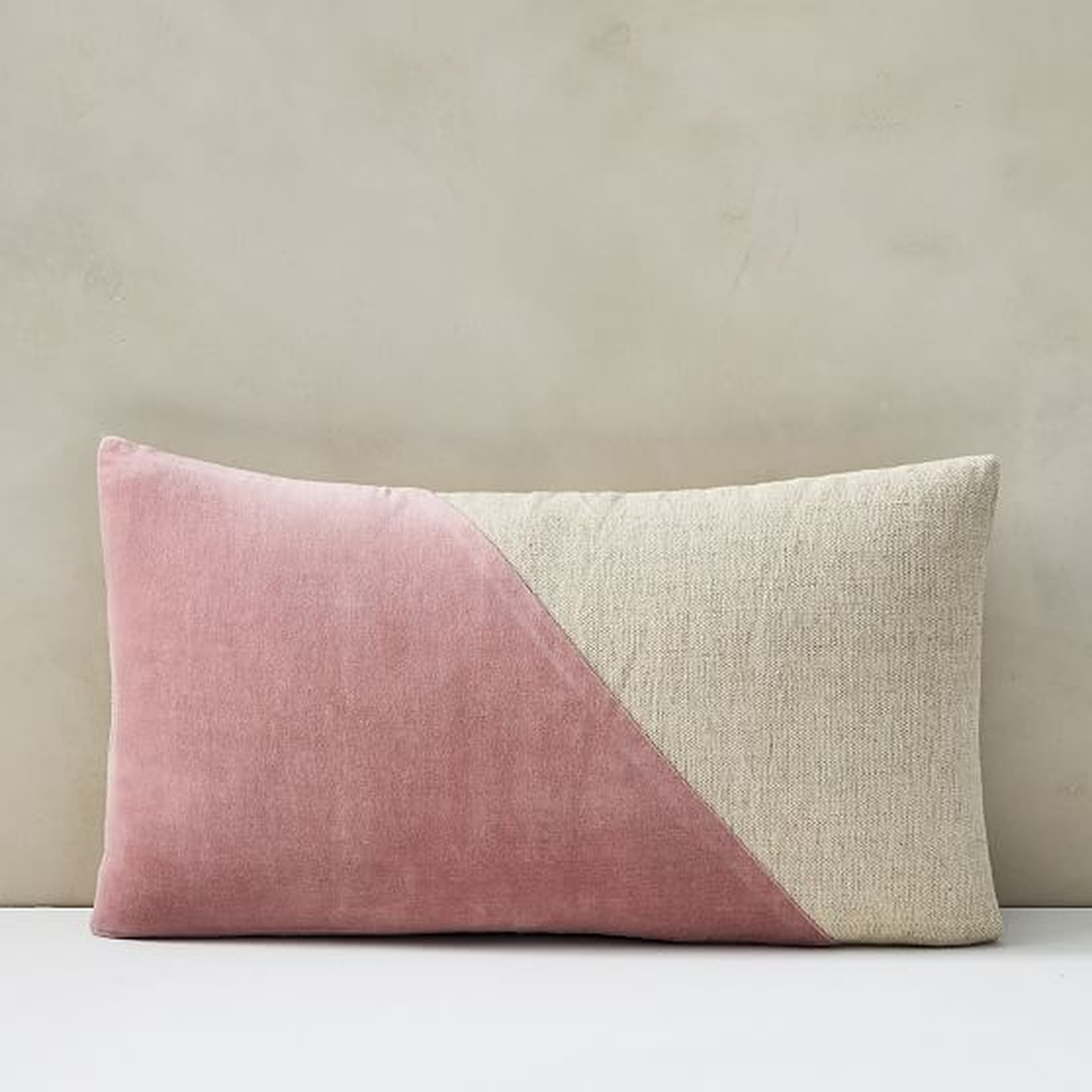 Cotton Linen + Velvet Lumbar Pillow Cover with Down Alternative Insert, Pink Stone, 12"x21" - West Elm