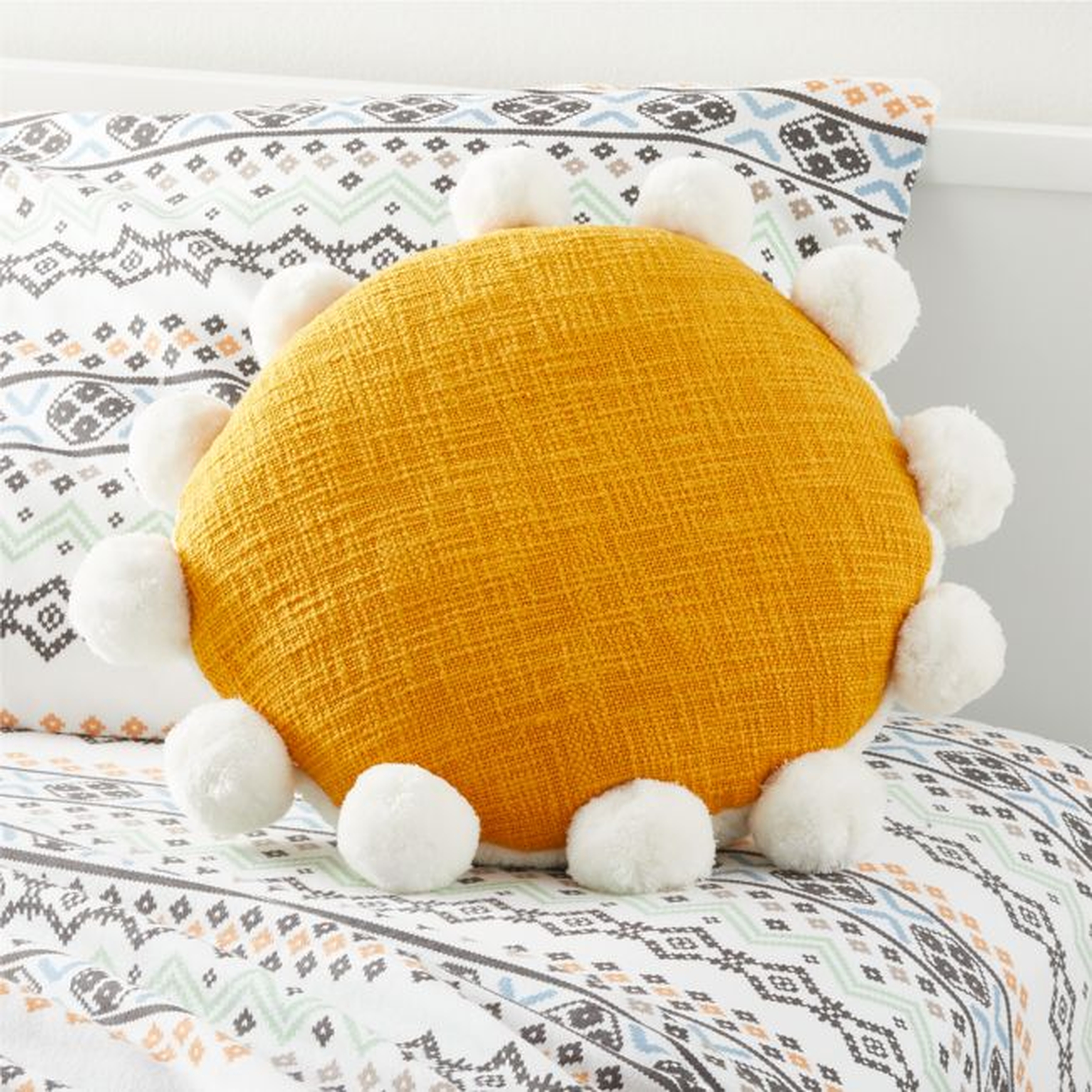 Yellow Round Sherpa Pom Pom Pillow, 16" - Crate and Barrel