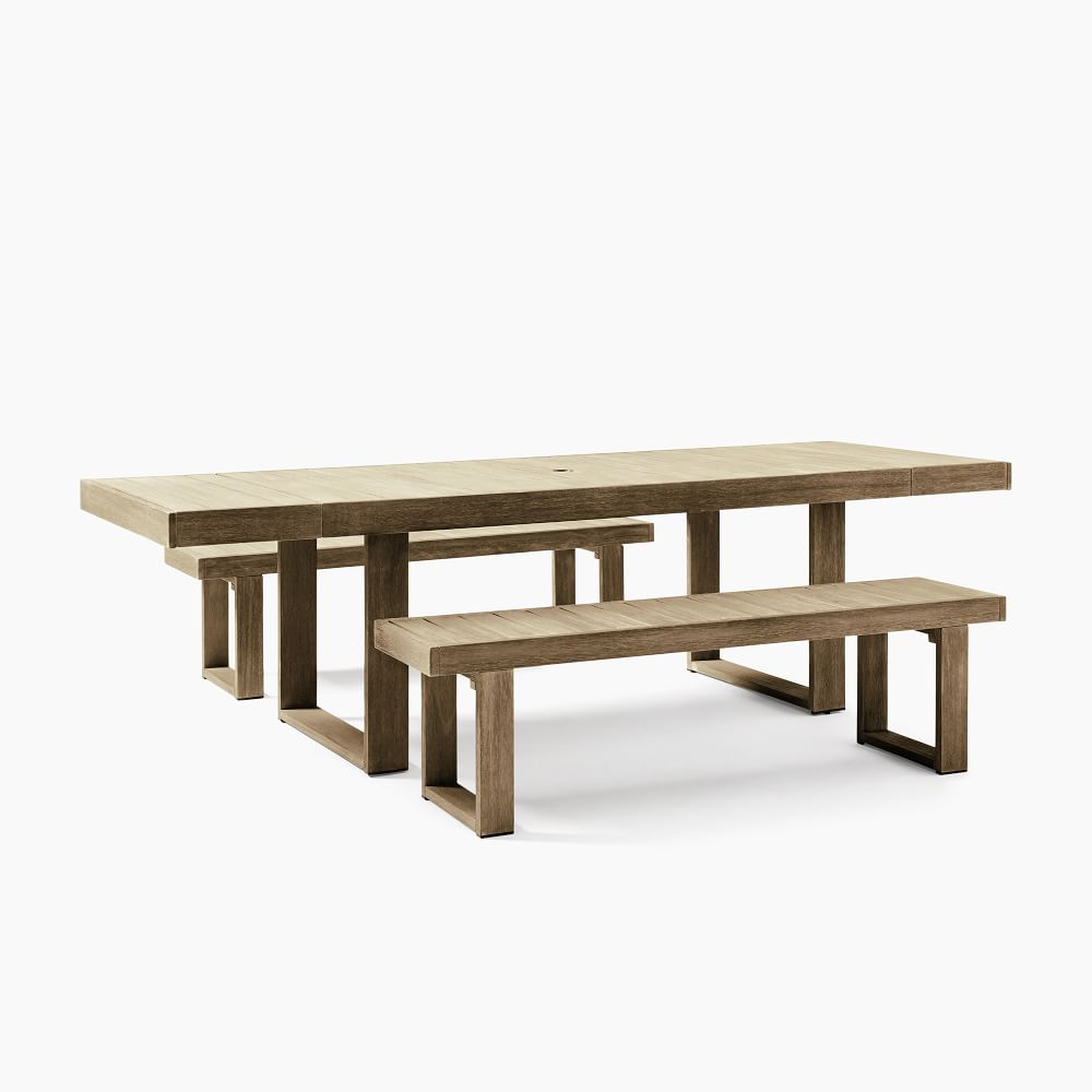 Portside Outdoor Expandable Dining Table + 2 66" Benches Set, Driftwood - West Elm