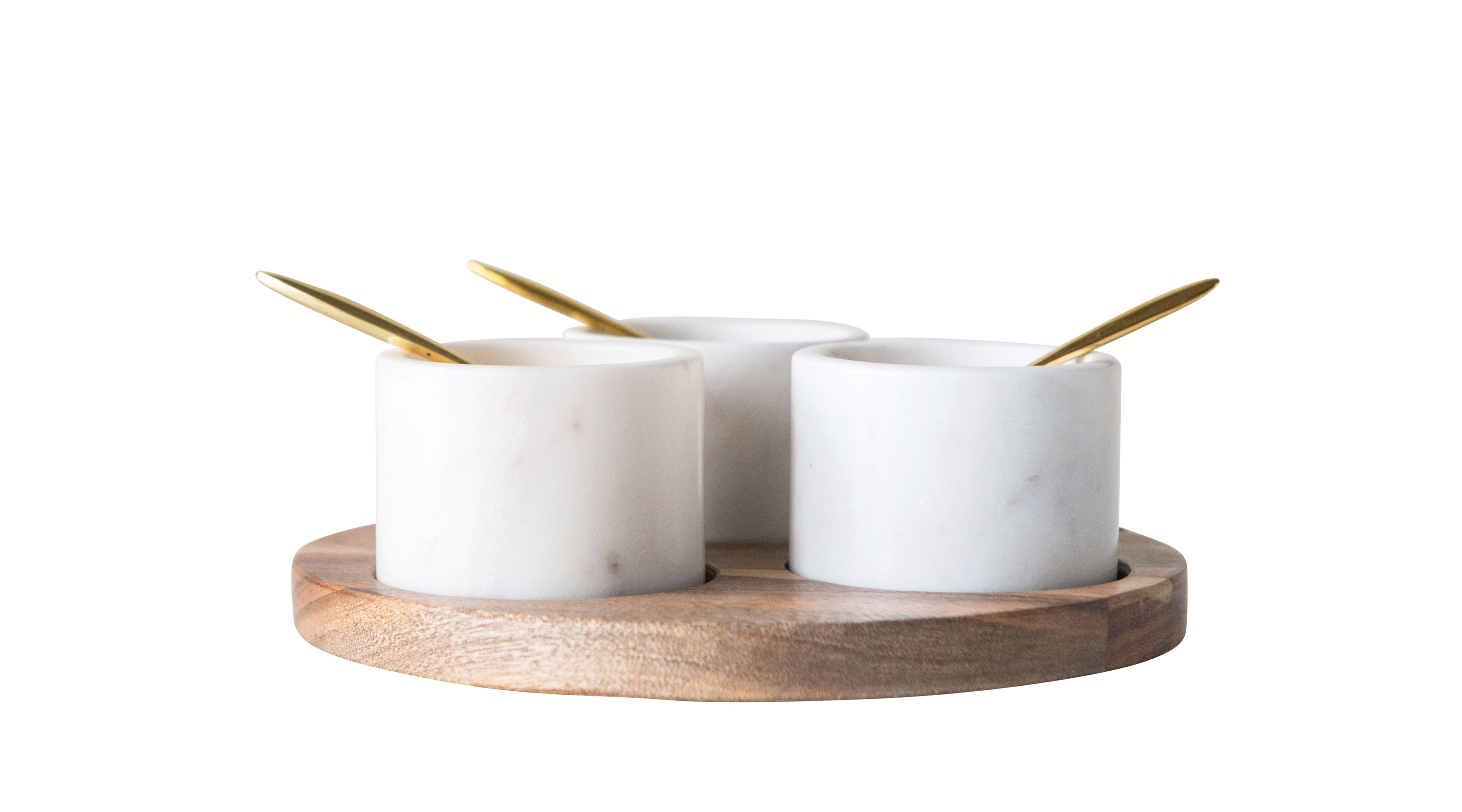 Round Acacia Wood Board with 3 Marble Pinch Pots & 3 Spoons (Set of 7 Pieces) - Bloomingville