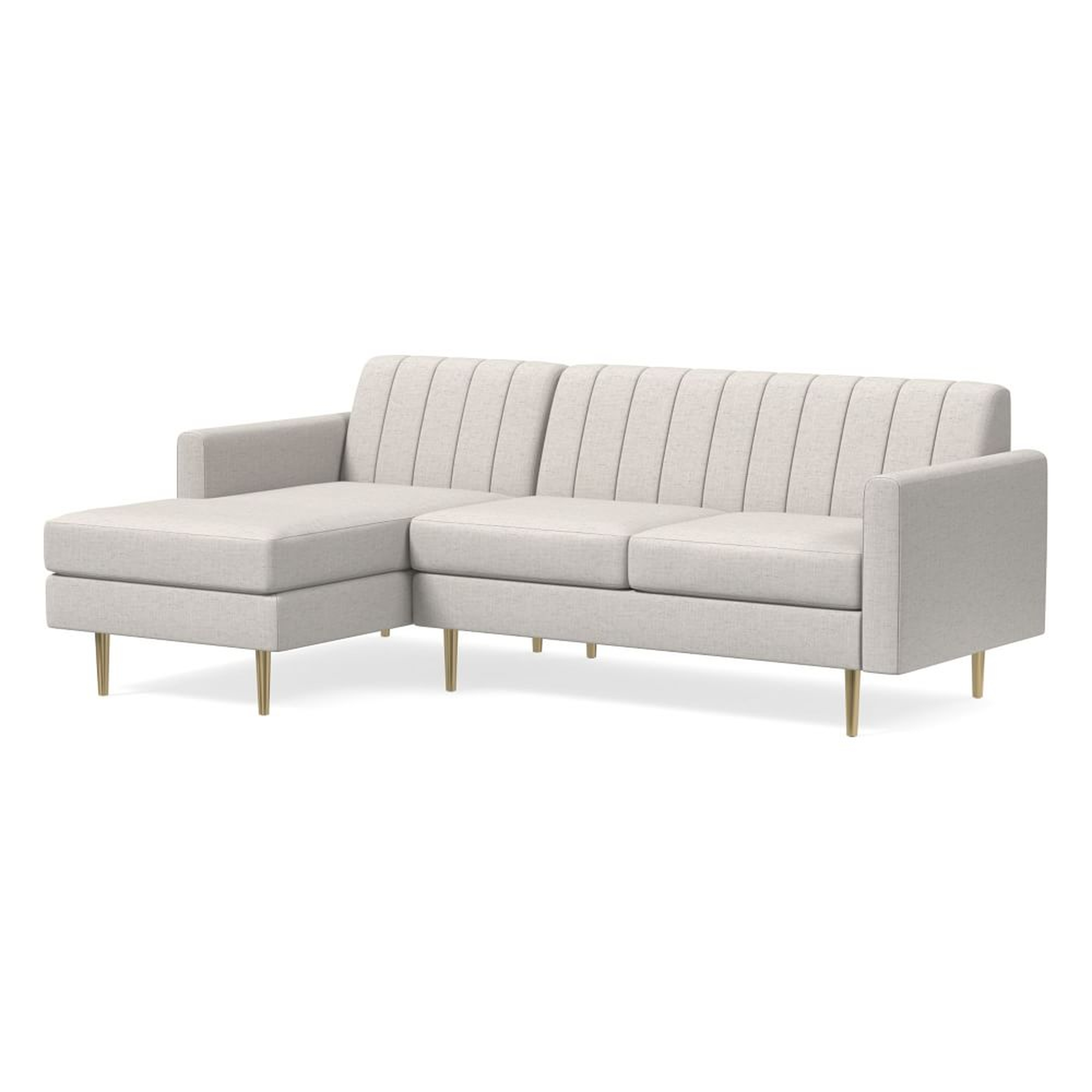 Olive 86" Left Channel Back 2-Piece Chaise Sectional, Mailbox Arm, Performance Coastal Linen, White, Brass - West Elm