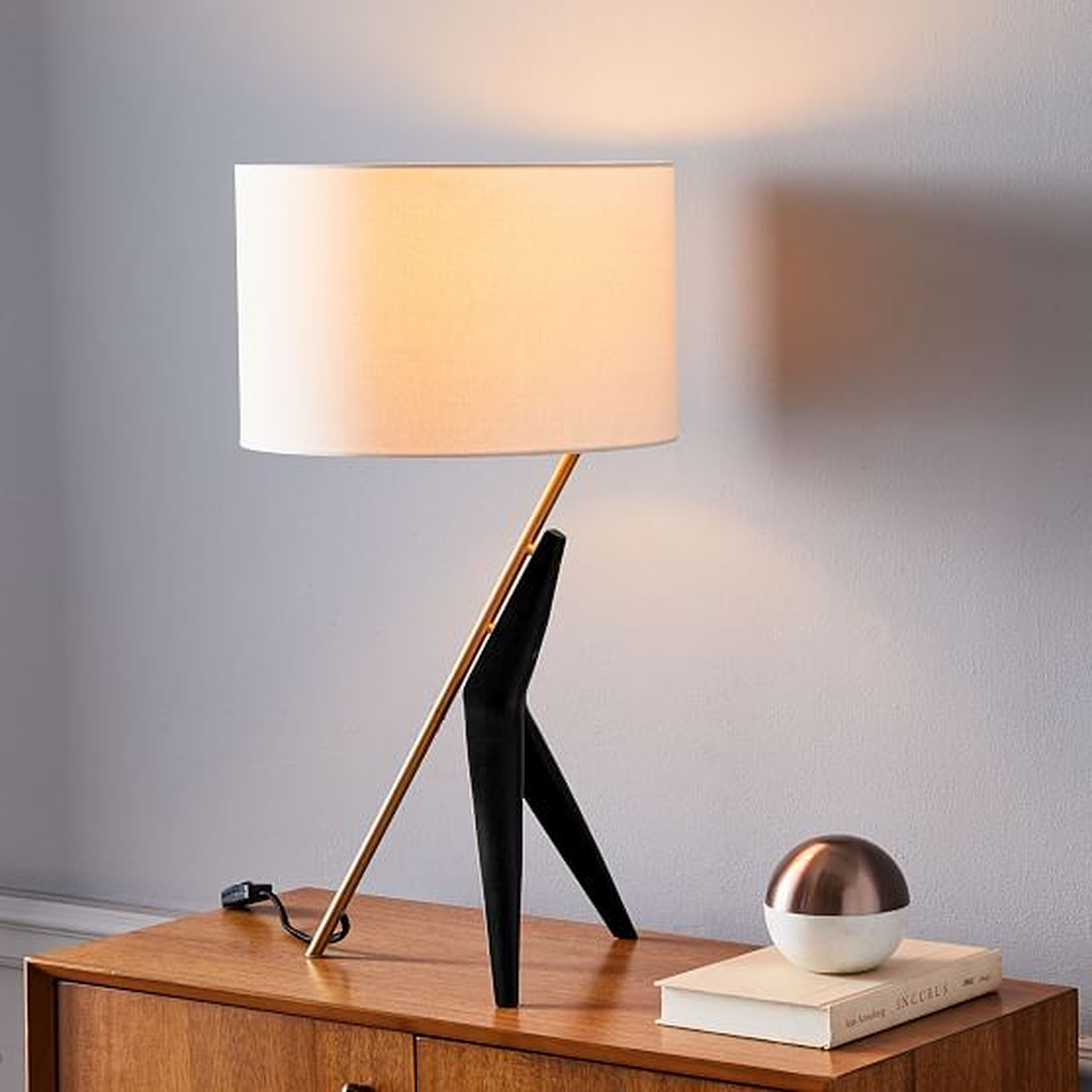 Caldas Table Lamp, Natural Linen, Black/Antique Brass-Individual - West Elm