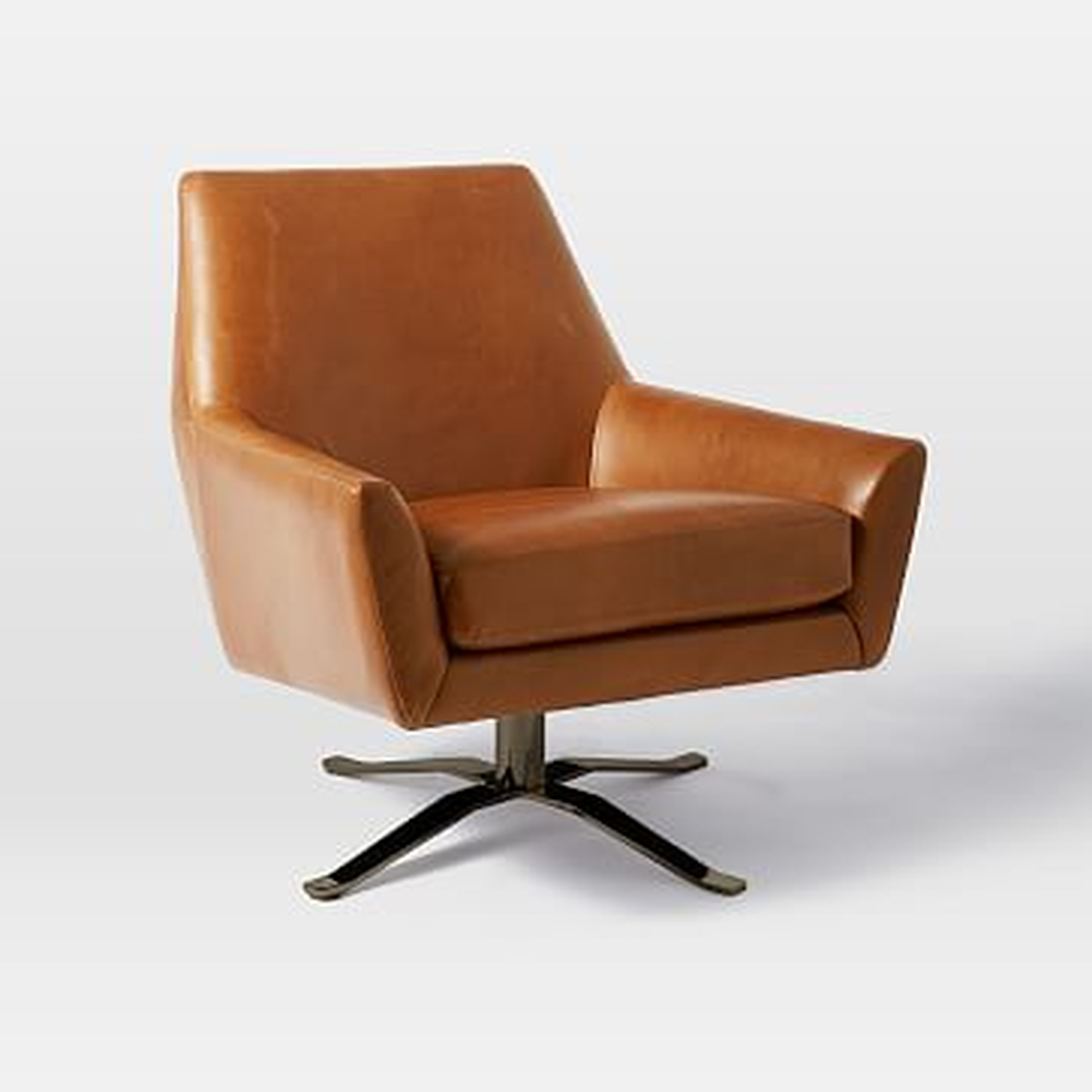 Lucas Swivel Base Leather Chair, Poly, Vegan Leather, Saddle, Polished Nickel - West Elm
