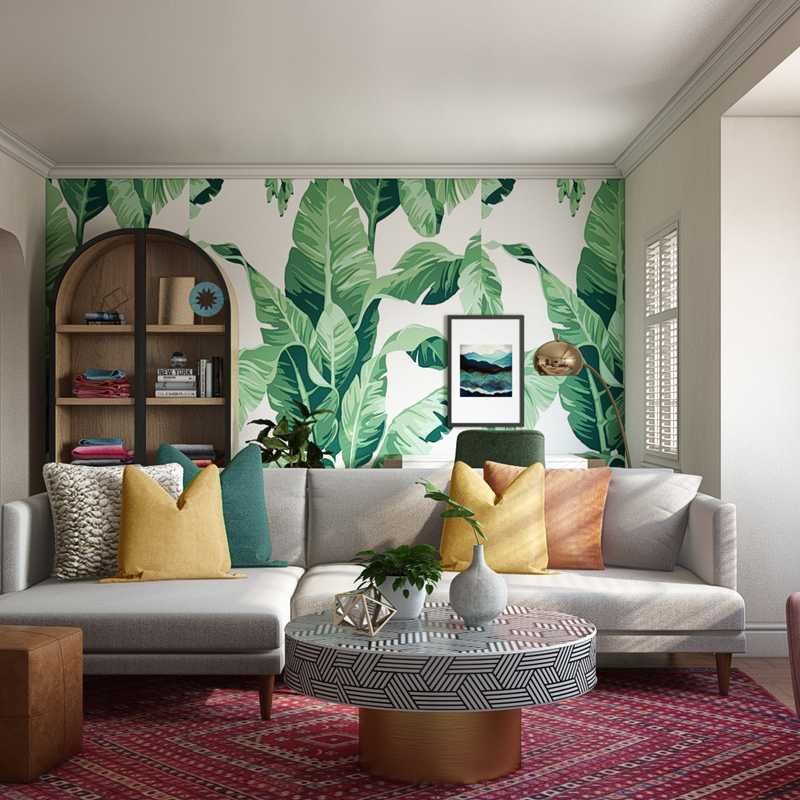 Bohemian, Glam, Midcentury Modern Living Room Design by Havenly Interior Designer Alexandra