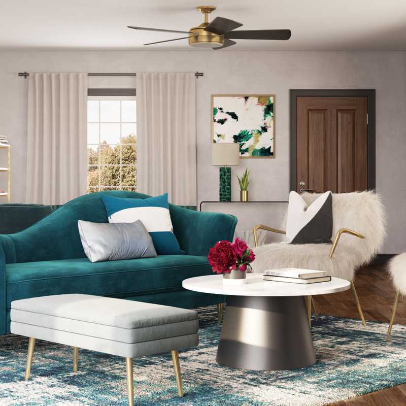 Bohemian, Glam, Midcentury Modern Living Room Design by Havenly Interior Designer Carly