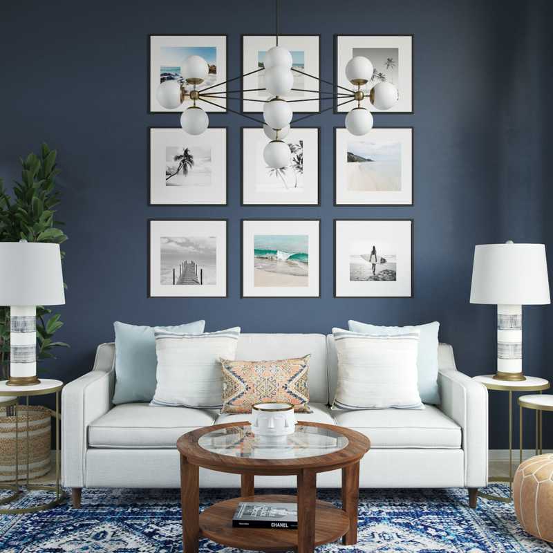 Bohemian, Coastal, Glam, Global, Midcentury Modern Living Room Design by Havenly Interior Designer Amanda