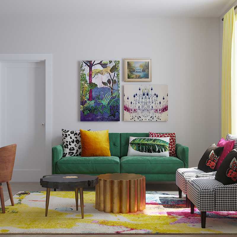 Bohemian, Glam, Midcentury Modern Living Room Design by Havenly Interior Designer Sandra