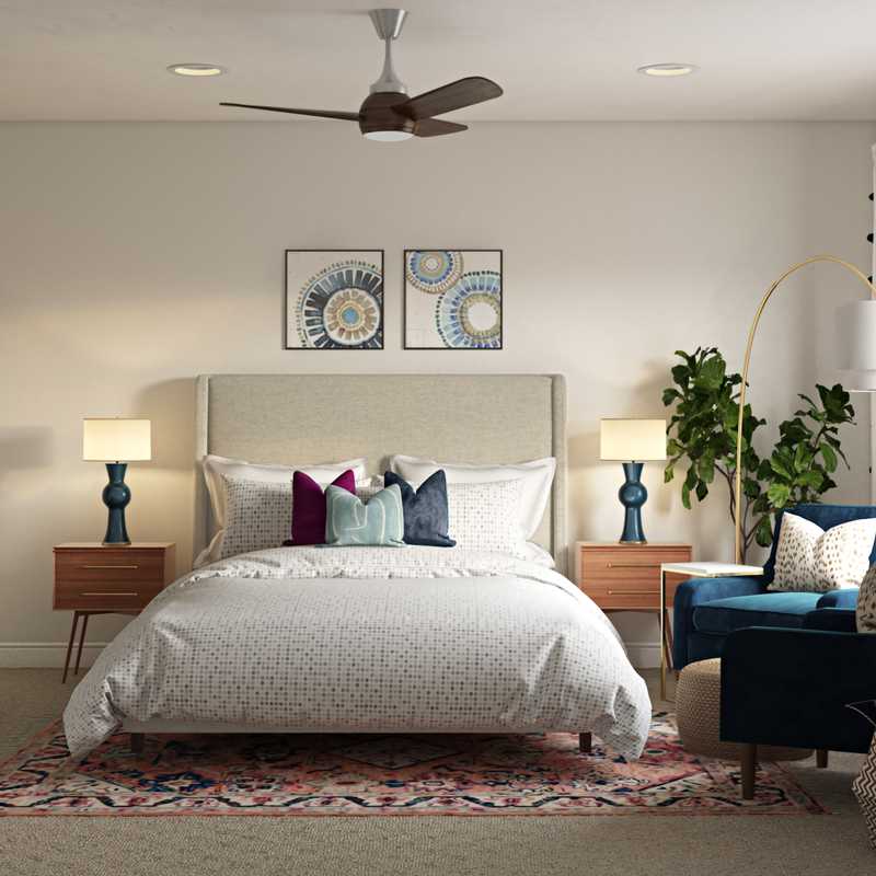 Bohemian, Coastal, Glam, Midcentury Modern Bedroom Design by Havenly Interior Designer Dani