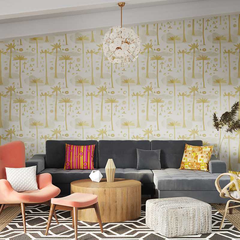 Bohemian, Glam, Midcentury Modern Living Room Design by Havenly Interior Designer Cristina