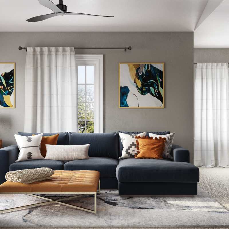Bohemian, Glam, Transitional, Midcentury Modern Living Room Design by Havenly Interior Designer Pradnya