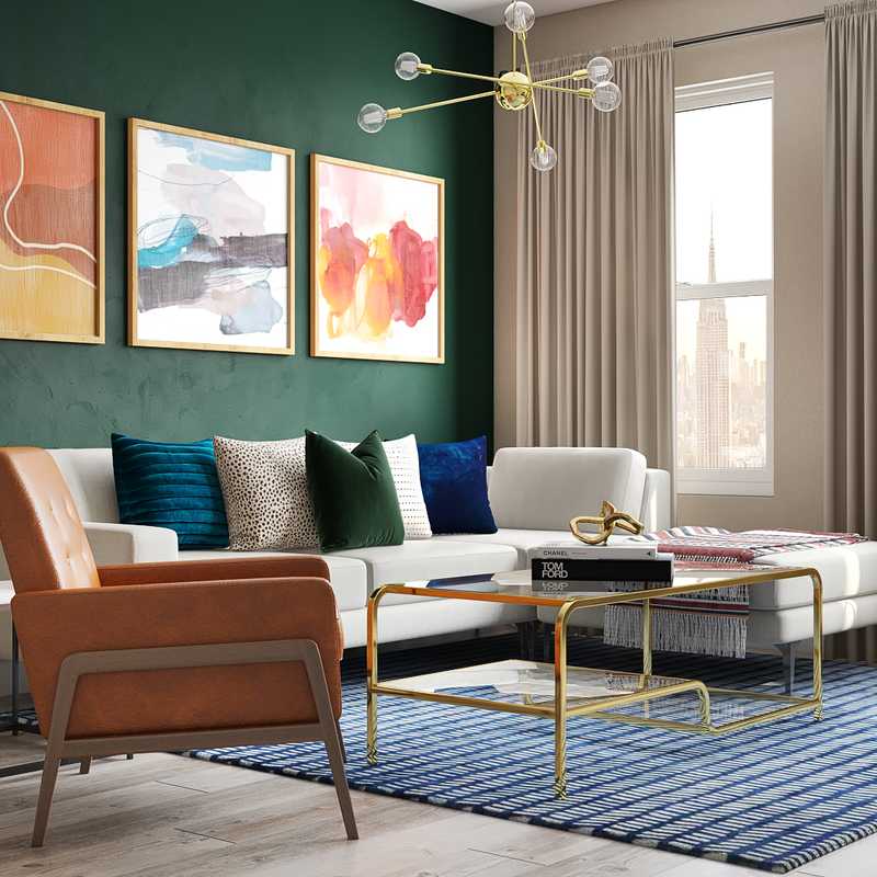 Glam, Midcentury Modern Living Room Design by Havenly Interior Designer Pradnya