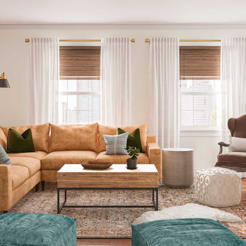 Bohemian, Global, Midcentury Modern Living Room Design by Havenly Interior Designer Rachel