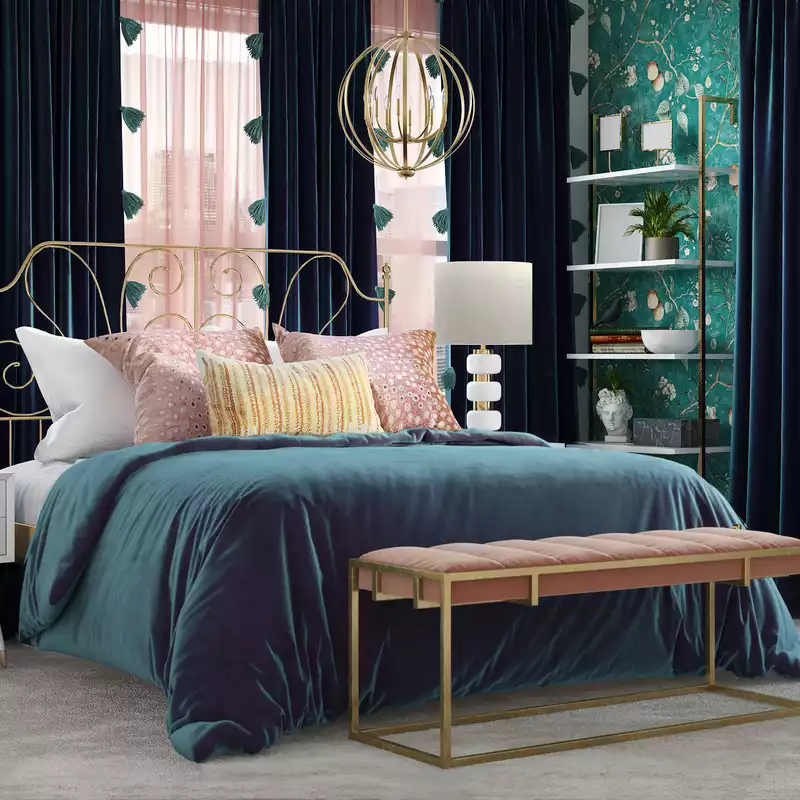 Eclectic, Bohemian, Glam, Vintage, Preppy Bedroom Design by Havenly Interior Designer Ashley