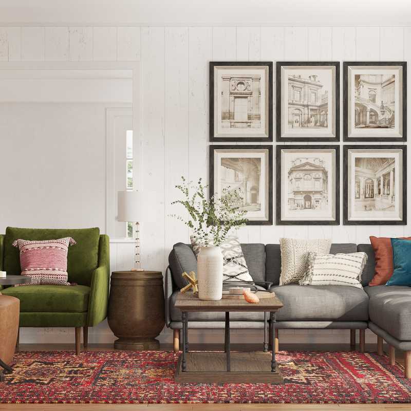 Eclectic, Bohemian, Library, Vintage, Global, Midcentury Modern Living Room Design by Havenly Interior Designer Nicole
