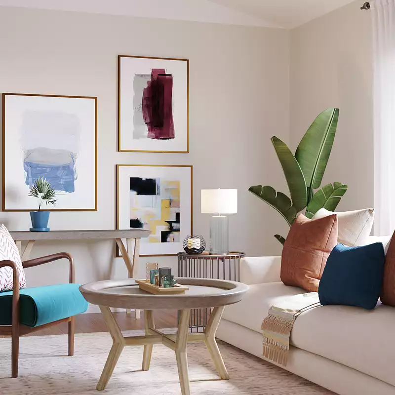 Eclectic, Bohemian, Transitional, Midcentury Modern Living Room Design by Havenly Interior Designer Meghan